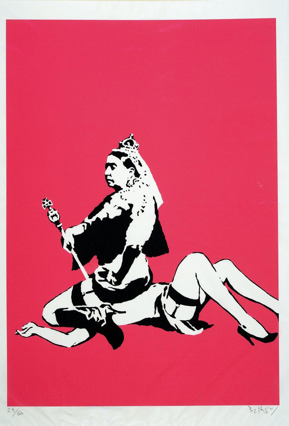 Nach Banksy, geb. 1974, britischer Street Art -Künstler, "Queen and Cuntry", Queen Victoryin anstößiger Pose, Fraboffset, Ed. 29/60, ...