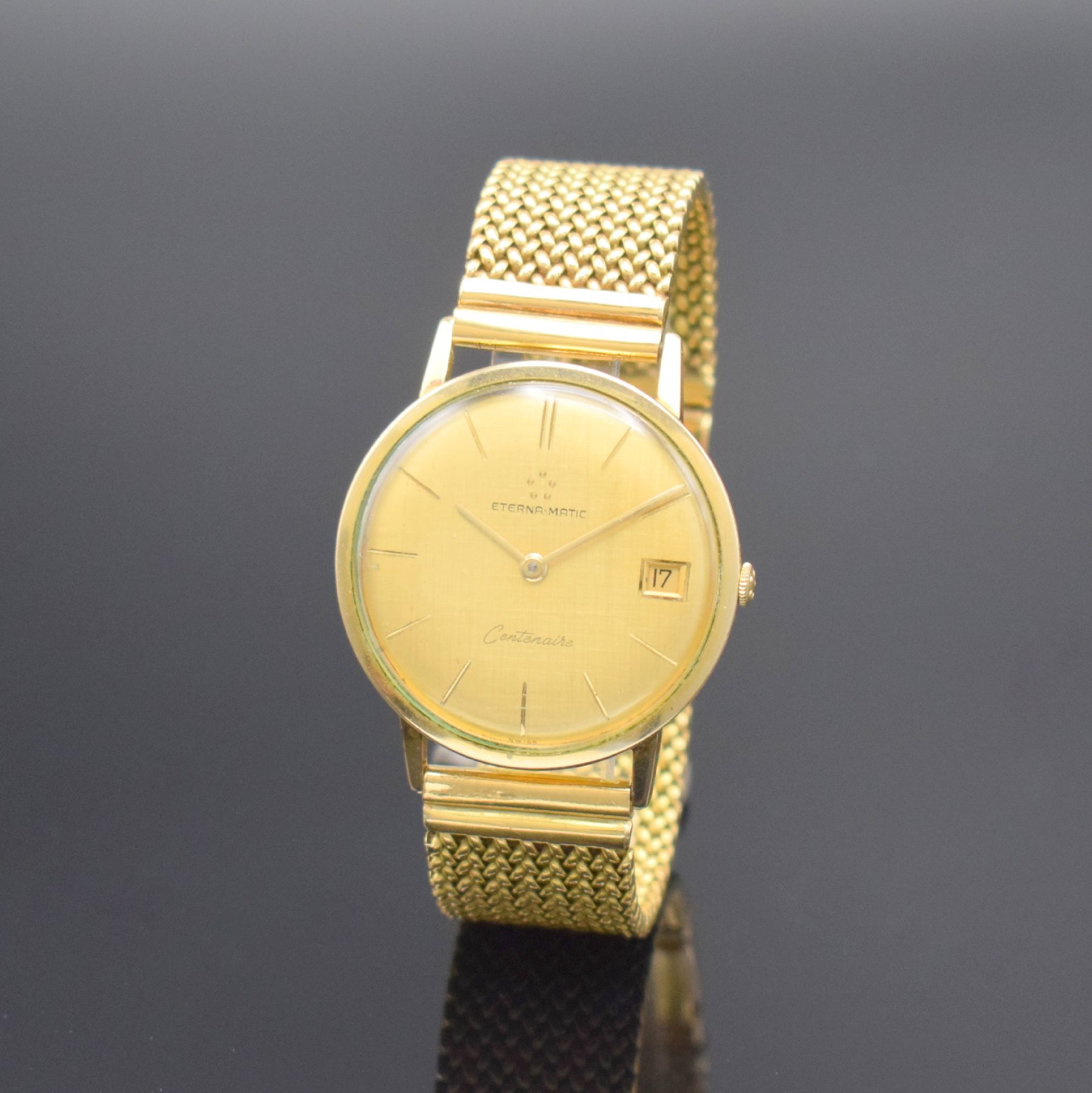 ETERNA-MATIC Centenaire vergoldete Herrenarmbanduhr mit neutralem GG 750/000 Band, Schweiz um 1960, Automatik, 3-teil. Geh., Boden & Glasrand ...
