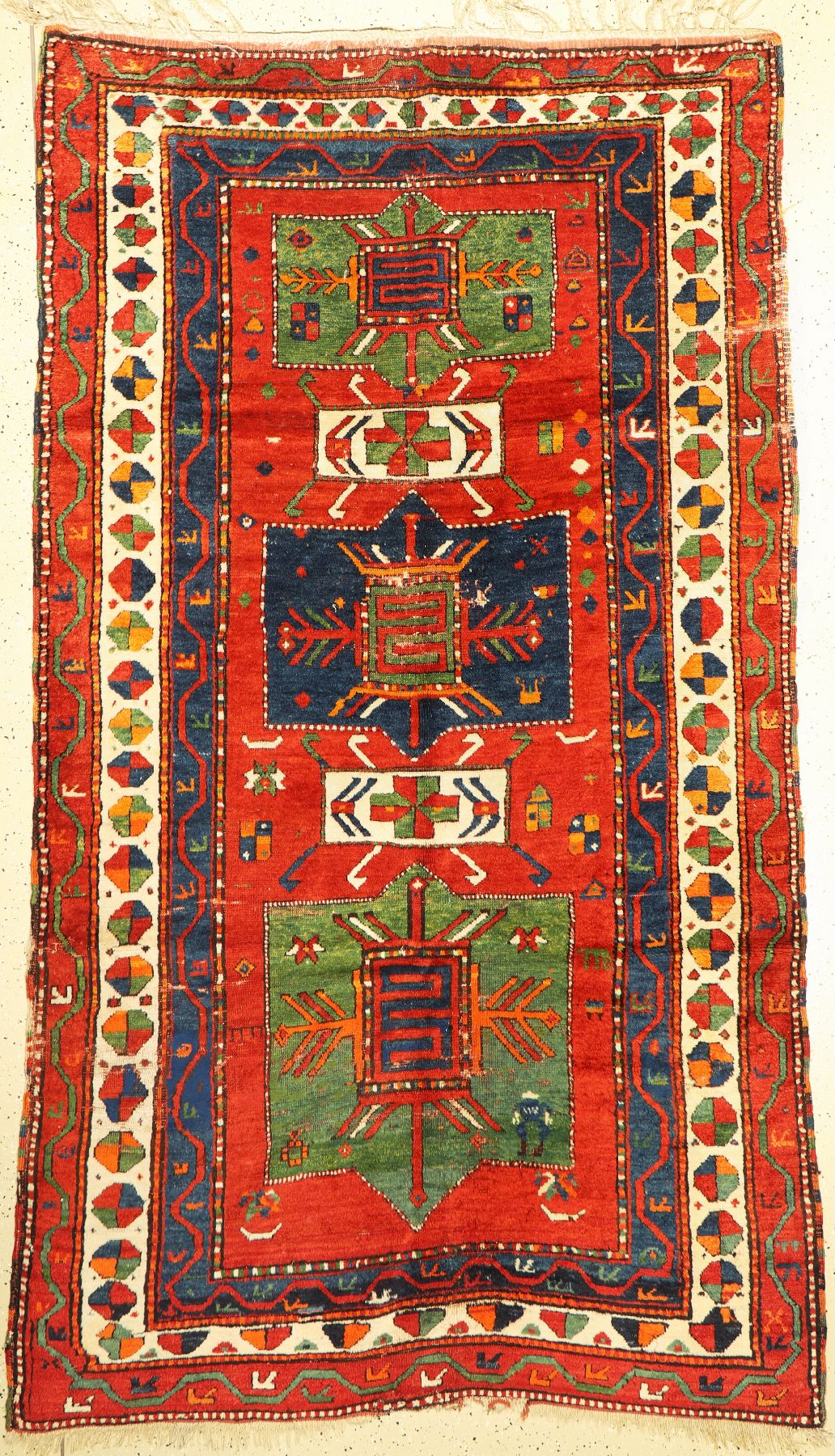 Fachalo Kazak antik, Kaukasus, um 1900, Wolle auf Wolle, ca. 263 x 155 cm, Alters-und Gebrauchsspuren