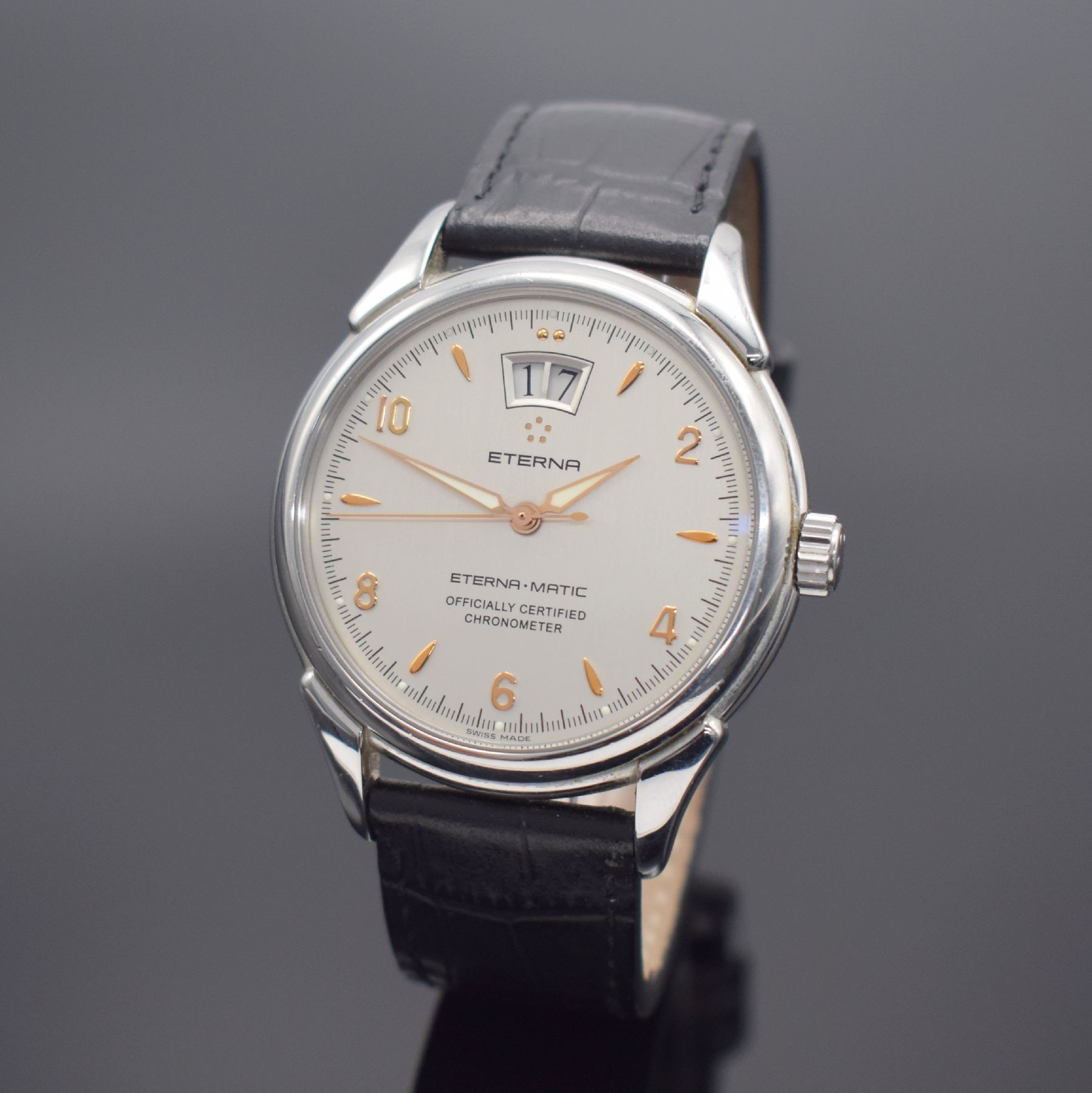 ETERNA-MATIC 1948 Herrenchronometer mit Großdatum in Stahl, Schweiz um 2005, Automatik, Ref. 8425.41, beids. vergl. Geh., Boden aufgedr., orig. ...