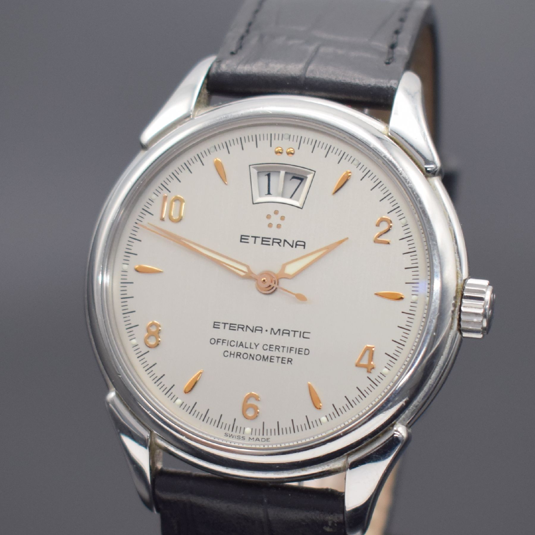 Detail a: ETERNA-MATIC 1948 Herrenchronometer mit Großdatum in Stahl, Schweiz um 2005, Automatik, Ref. 8425.41, beids. vergl. Geh., Boden aufgedr., orig. ...