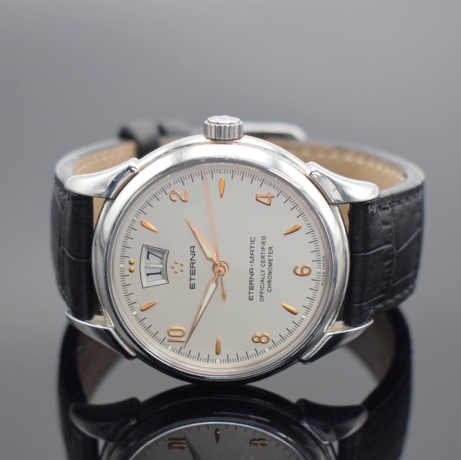 Detail b: ETERNA-MATIC 1948 Herrenchronometer mit Großdatum in Stahl, Schweiz um 2005, Automatik, Ref. 8425.41, beids. vergl. Geh., Boden aufgedr., orig. ...