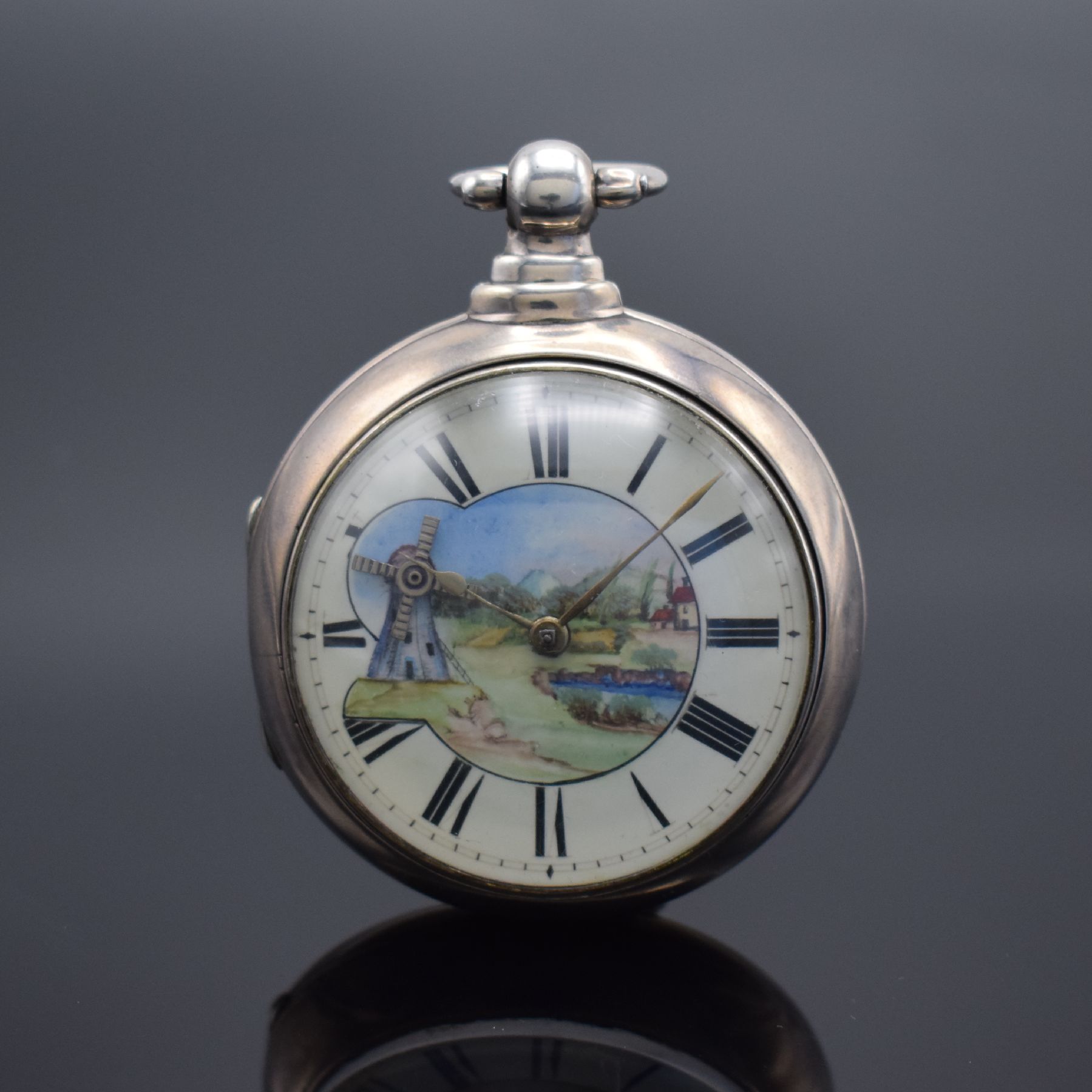 John Brownbill offene Spindeltaschenuhr in Silber, England um 1830, glattes Geh. & Übergeh. l. dell., Emailzifferbl. m. röm. Zahlen, Windmühlen ...