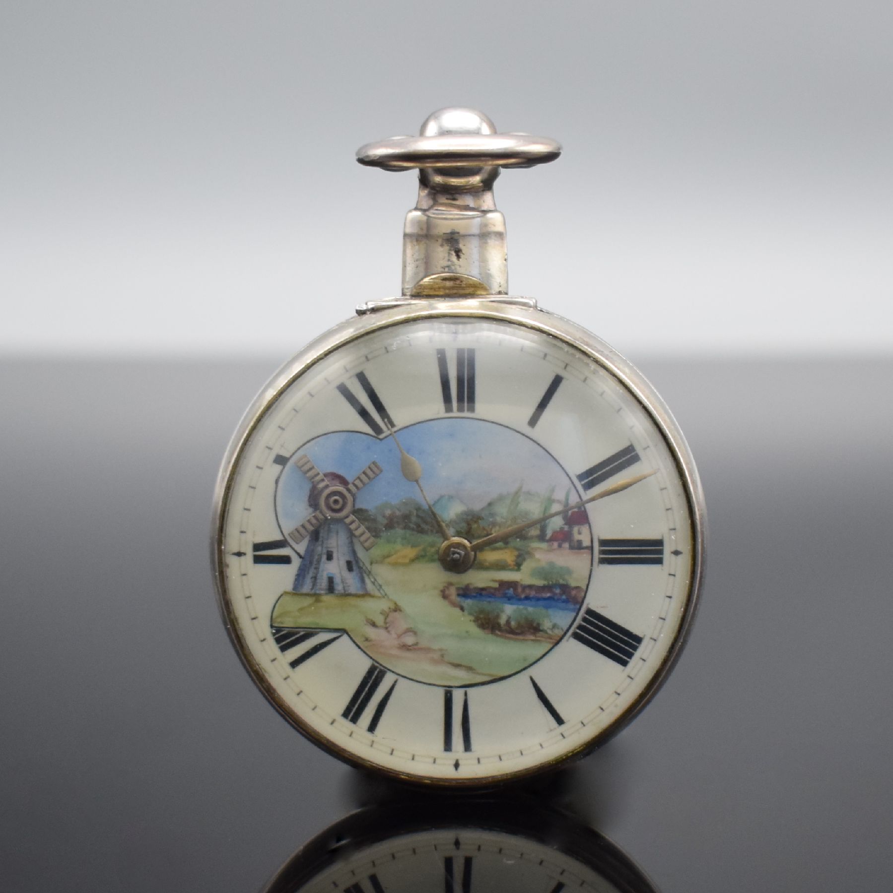 Detail b: John Brownbill offene Spindeltaschenuhr in Silber, England um 1830, glattes Geh. & Übergeh. l. dell., Emailzifferbl. m. röm. Zahlen, Windmühlen ...