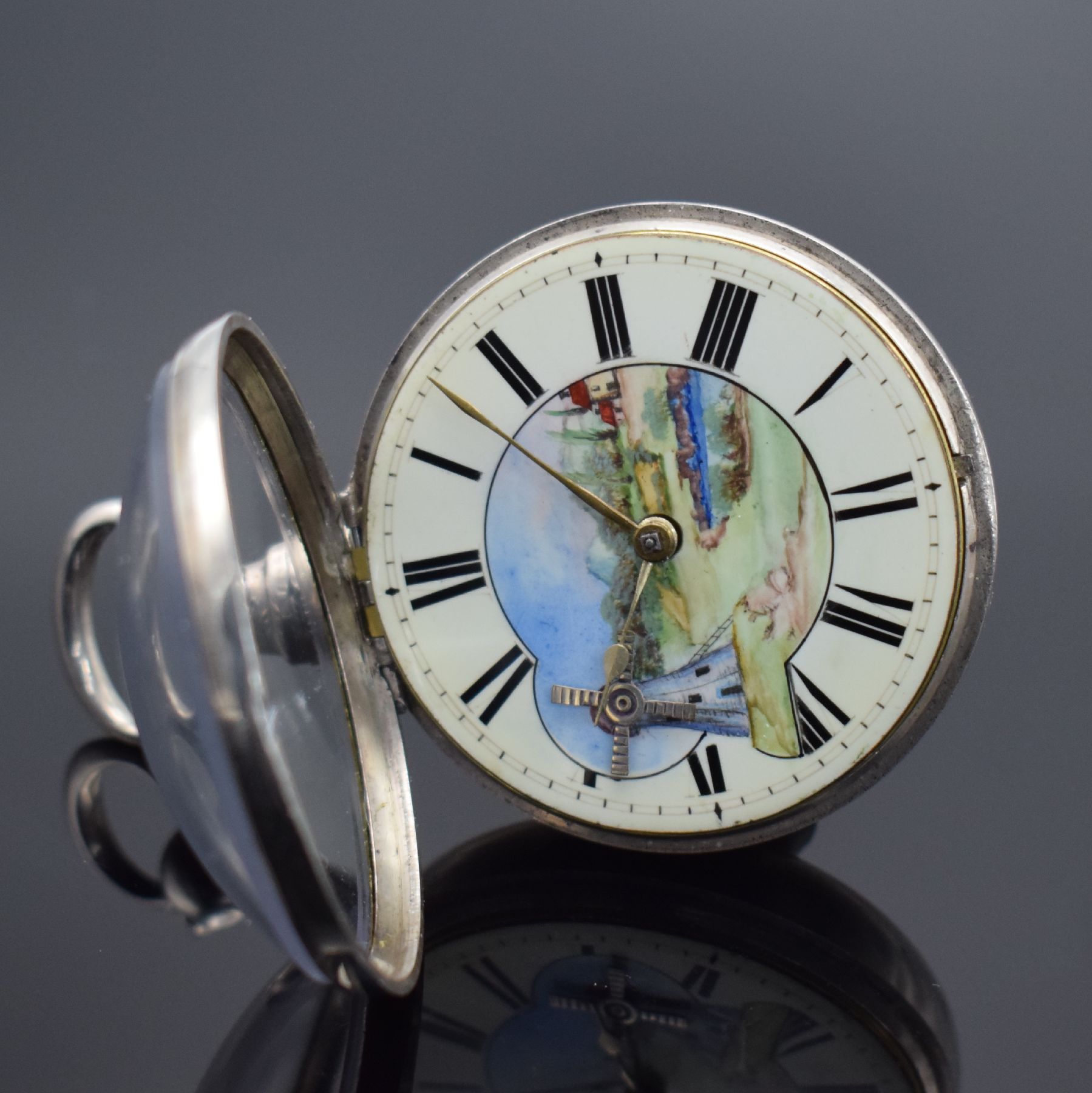 Detail d: John Brownbill offene Spindeltaschenuhr in Silber, England um 1830, glattes Geh. & Übergeh. l. dell., Emailzifferbl. m. röm. Zahlen, Windmühlen ...