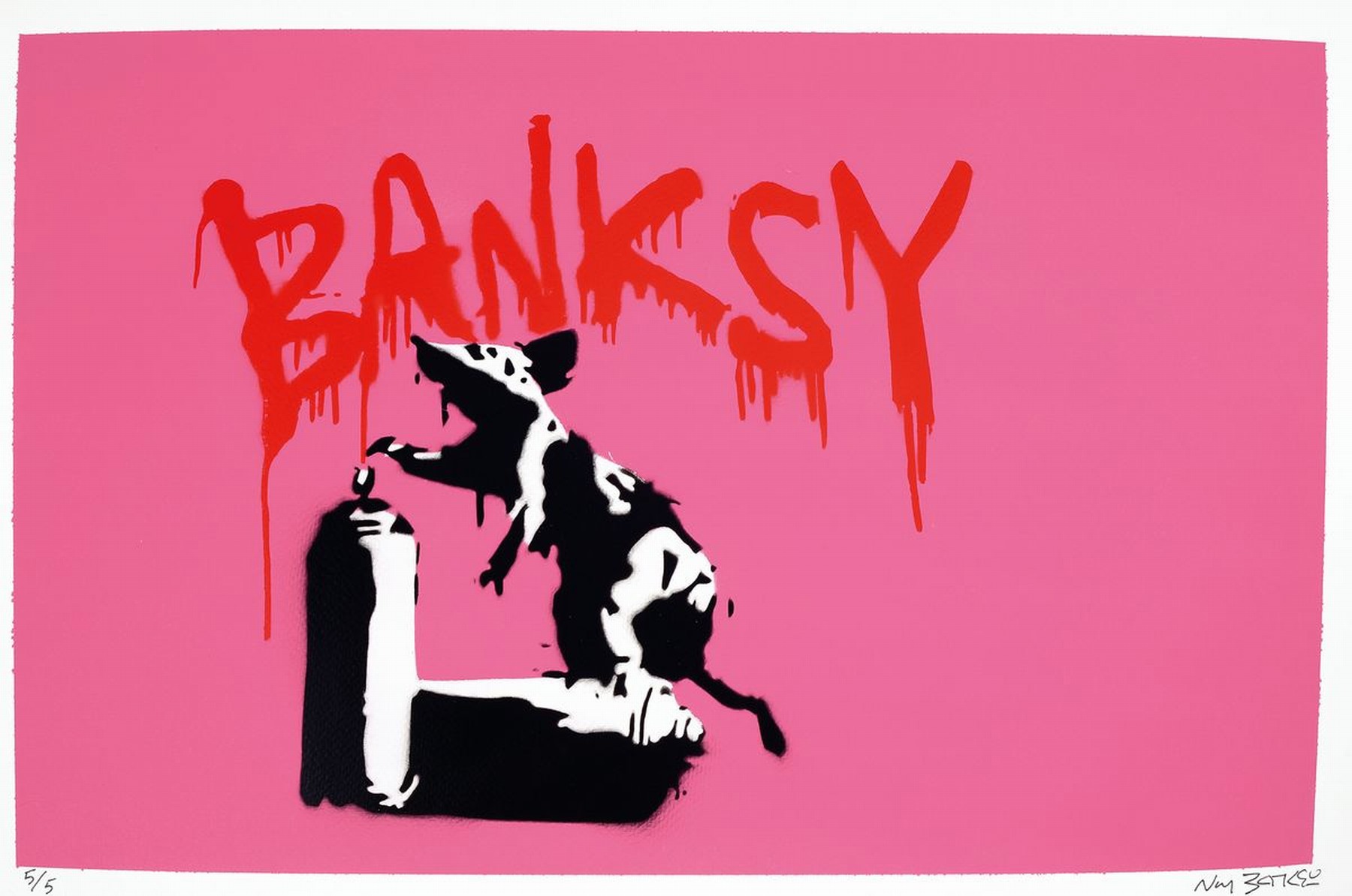 NOT BANKSY, Ratte mit Sprühdose auf Pinkem Grund (2022), Ed. 5/5, schabloniert, Sprühfarbe/Papier (280g), handsigniert, mit Heavy Weaponry-Stempel, ...