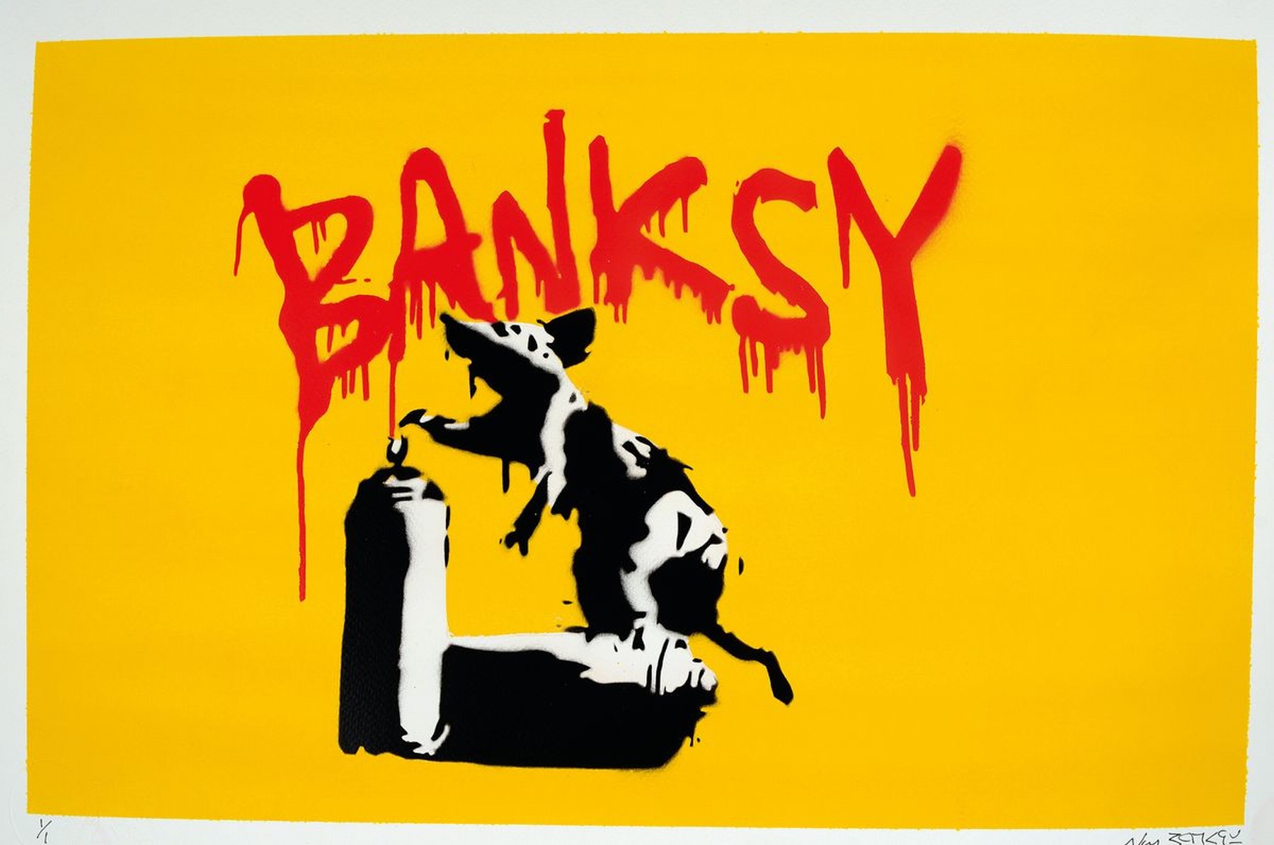 NOT BANKSY, Ratte mit Sprühdose auf gelbem Grund (2022), Ed. 1/1, schabloniert, Sprühfarbe/Papier (280g), handsigniert, mit Heavy Weaponry-Stempel, ...