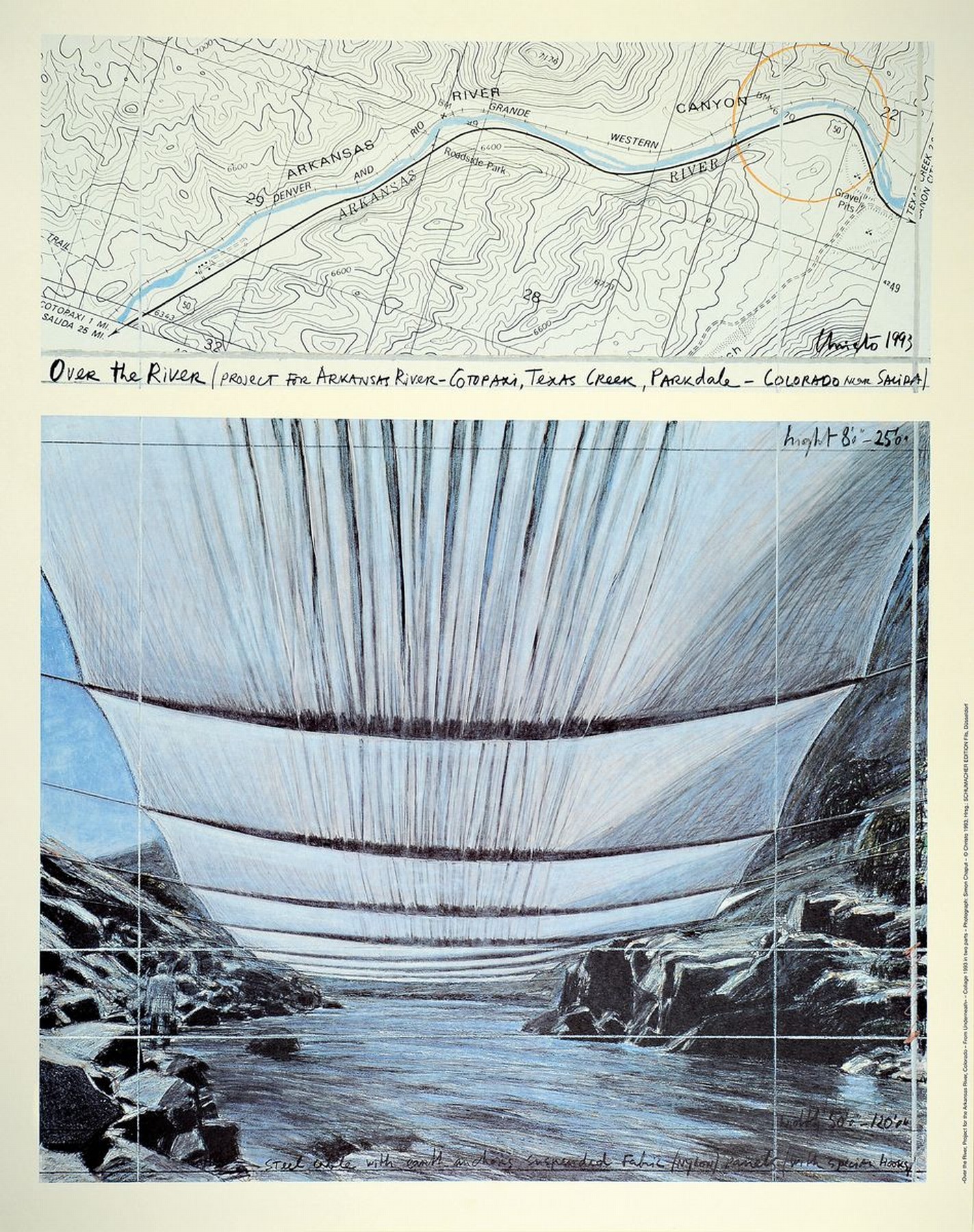 Christo, 1935 Gabrowo/Bulagrien - 2020 New York, "Over the River" (1993), Project for the Arkansas River, Colorado, Collage in zwei Teilen, ...