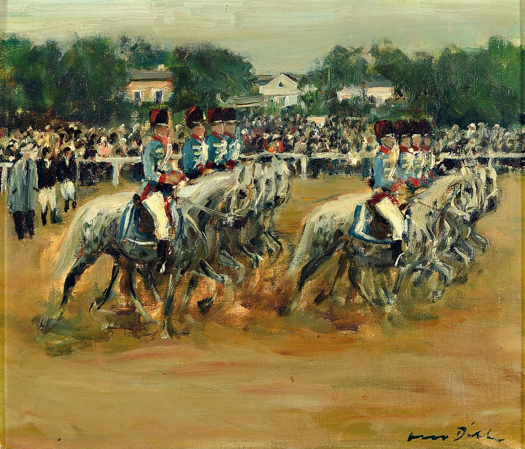Otto Dill, 1884 Neustadt - 1957 Bad Dürkheim, Reiterparade vor großem Publikum, berittene Husaren-Staffel im Gleichschritt, reiche ...