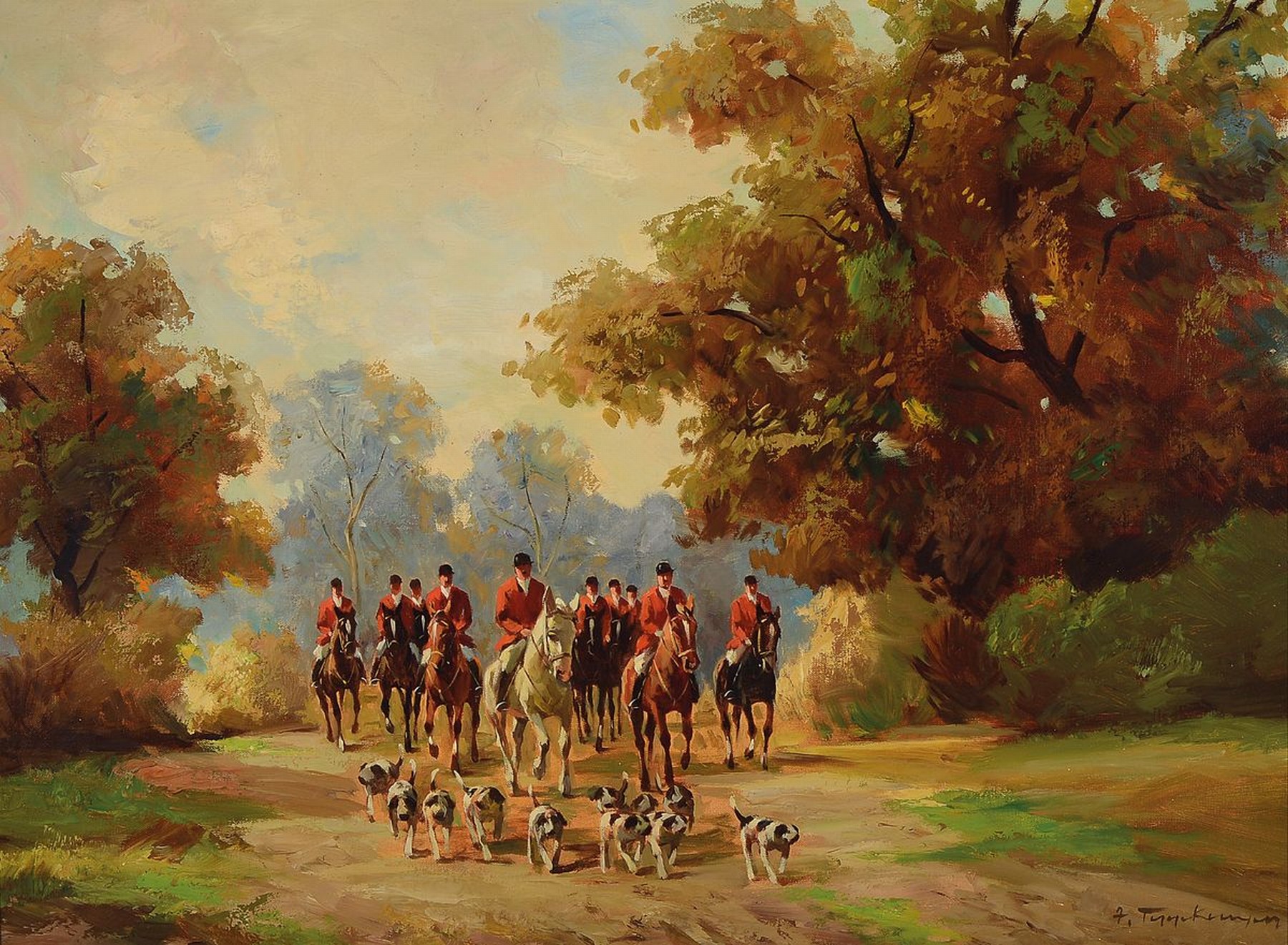 A. Tynckermann o.ä., unleserlich signiert, Düsseldorf, 50/60er Jahre, Parforcejagd, Öl/Lwd, ca. 60 x 80 cm, Rahmen: 78 x 100 cm