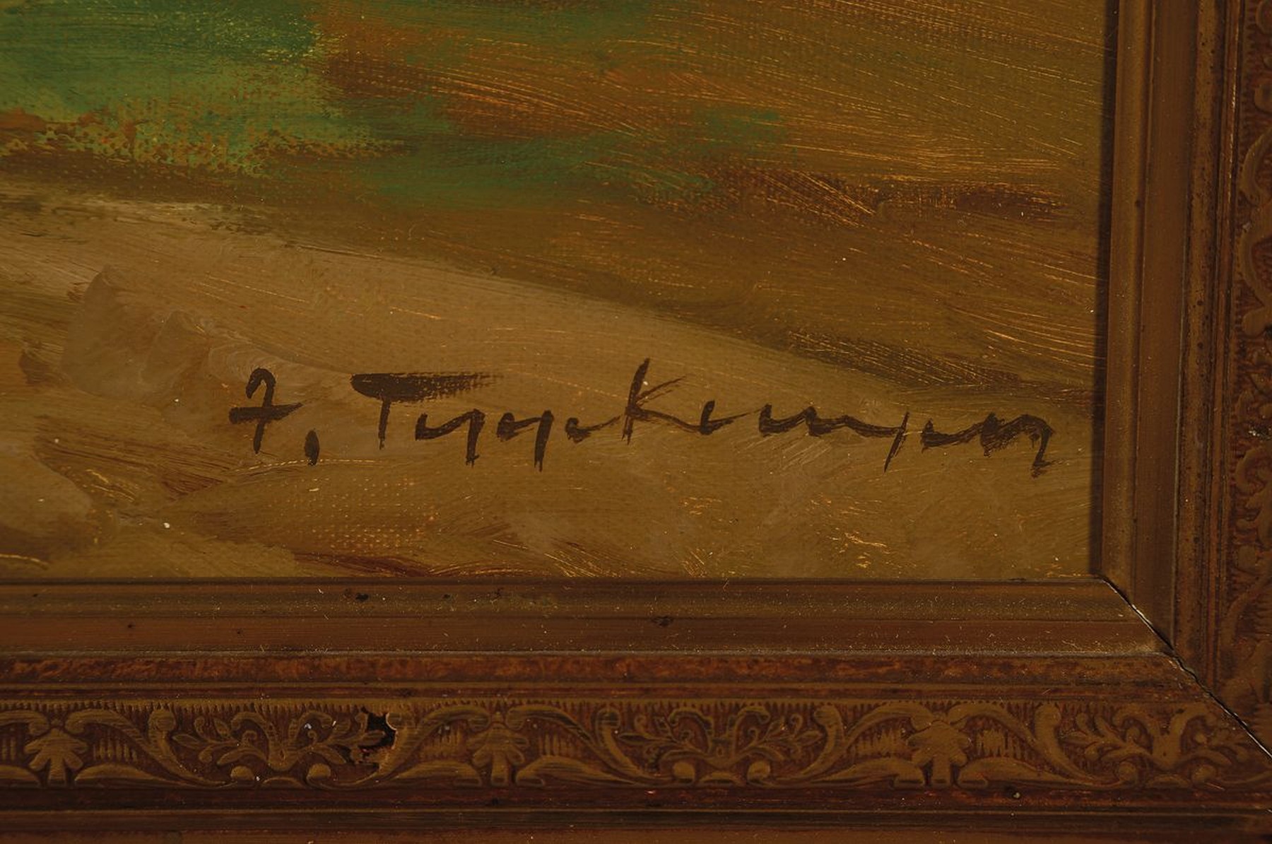 Detail a: A. Tynckermann o.ä., unleserlich signiert, Düsseldorf, 50/60er Jahre, Parforcejagd, Öl/Lwd, ca. 60 x 80 cm, Rahmen: 78 x 100 cm