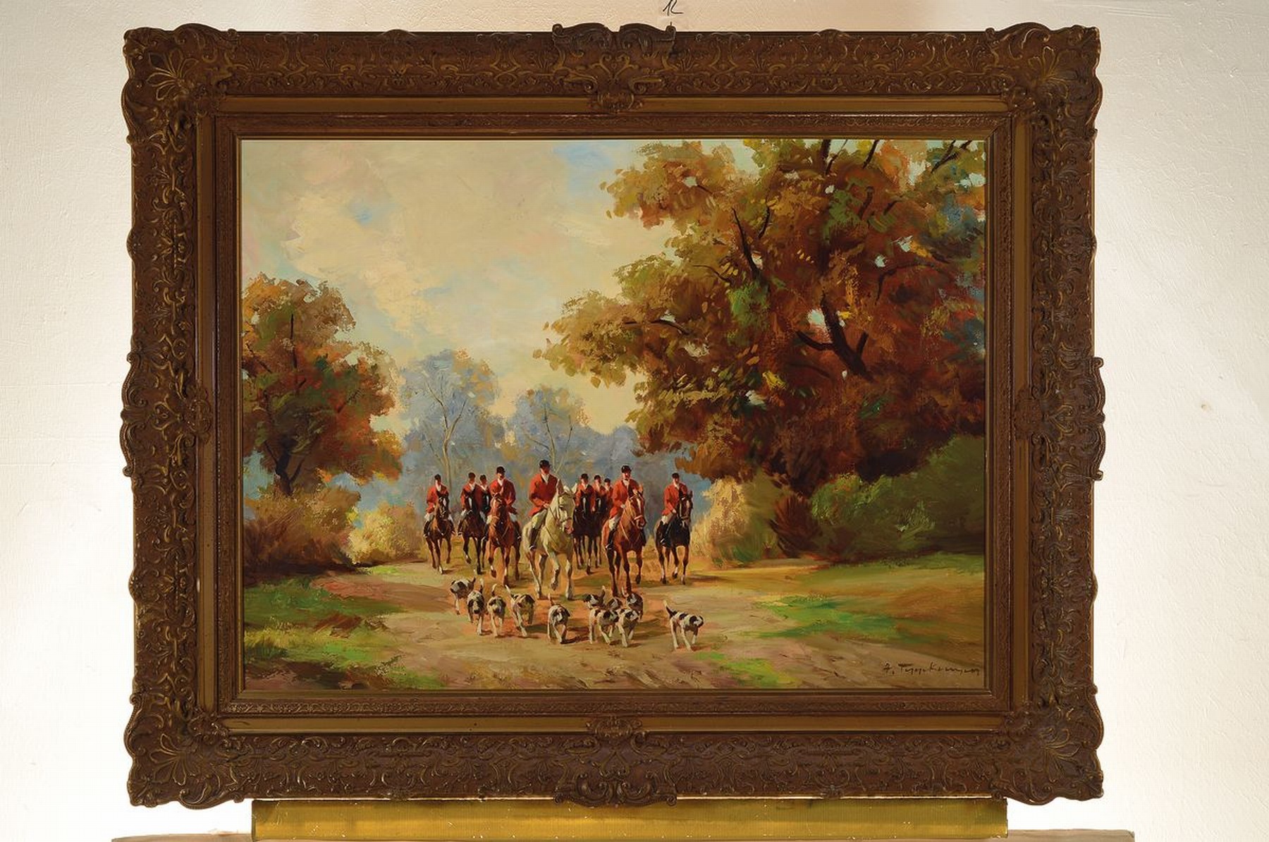 Detail k: A. Tynckermann o.ä., unleserlich signiert, Düsseldorf, 50/60er Jahre, Parforcejagd, Öl/Lwd, ca. 60 x 80 cm, Rahmen: 78 x 100 cm