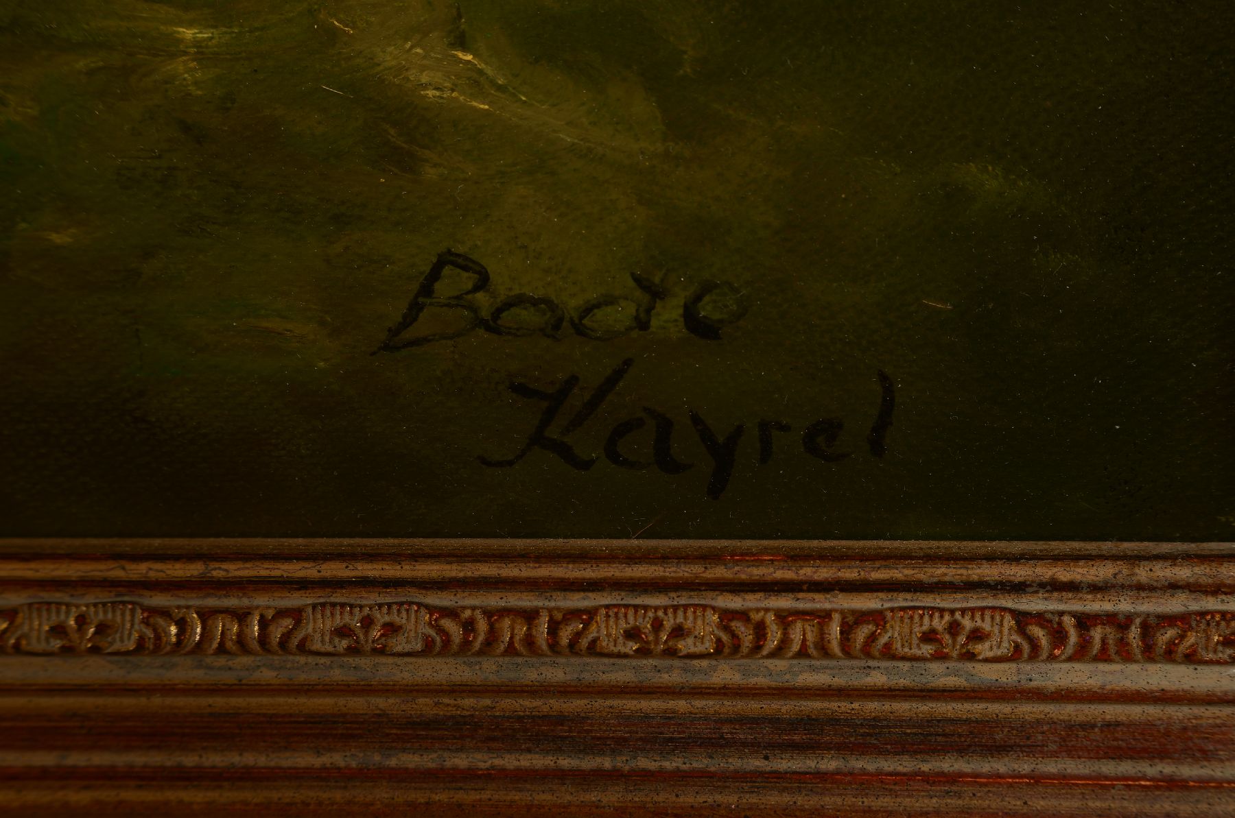 Detail a: Bodo Kayrel, 1913 Wien - ?, Studium an der Akademie Wien, großes Früchtestillleben mit Trauben, Pfirsischen, Kürbis u. Melone, angerichtet vor ...