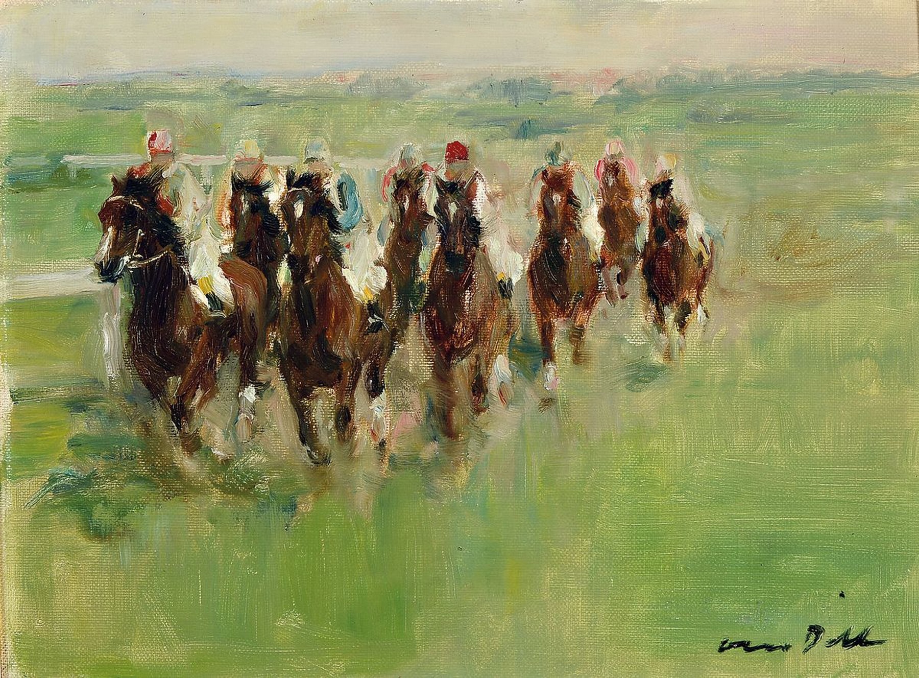 Otto Dill, 1884 Neustadt - 1957 Bad Dürkheim, Pferderennen, rückseitig auf Etikett bez. "Dem Ziel entgegen", Frontalansichten einer in ...