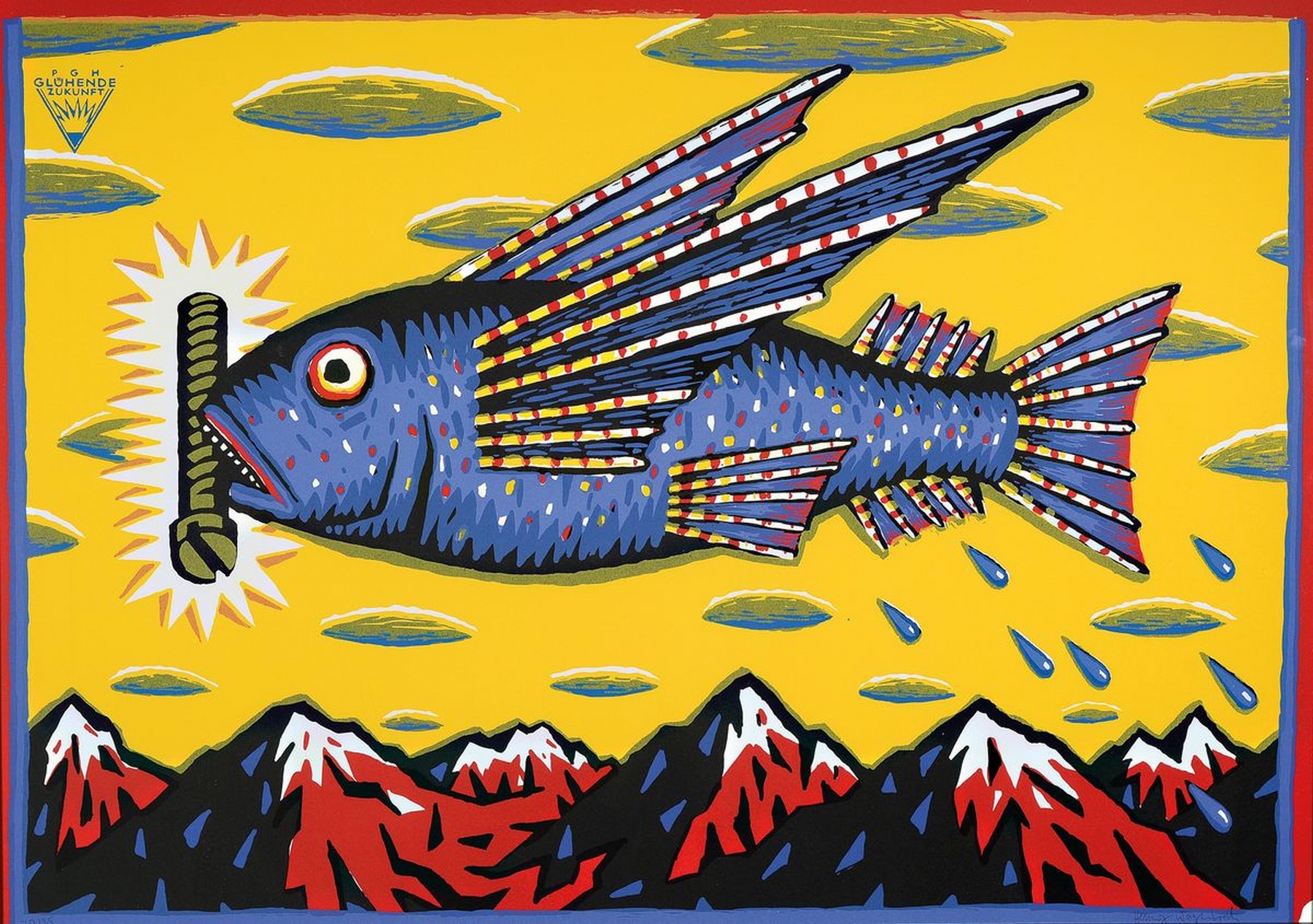 Henning Wagenbreth, geb. 1962, glühende Zukunft, Farbserigraphie auf dickem Karton, handsigniert, num. 20/35, unter Glas, Rahmen, ca. 63 x 87 cm