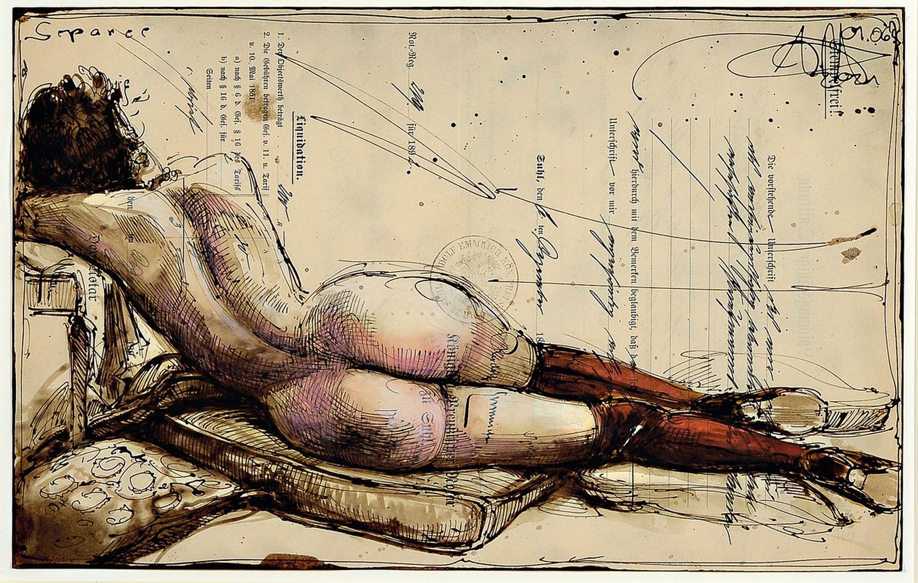 Andreas Noßmann, geb. 1962, Federzeichnung und Aquarell auf antikem Papier, handsigniert, dat. 01.06.21, Werksverzeichnis DVZ 1489, Blattgr. 21 x 33 ...