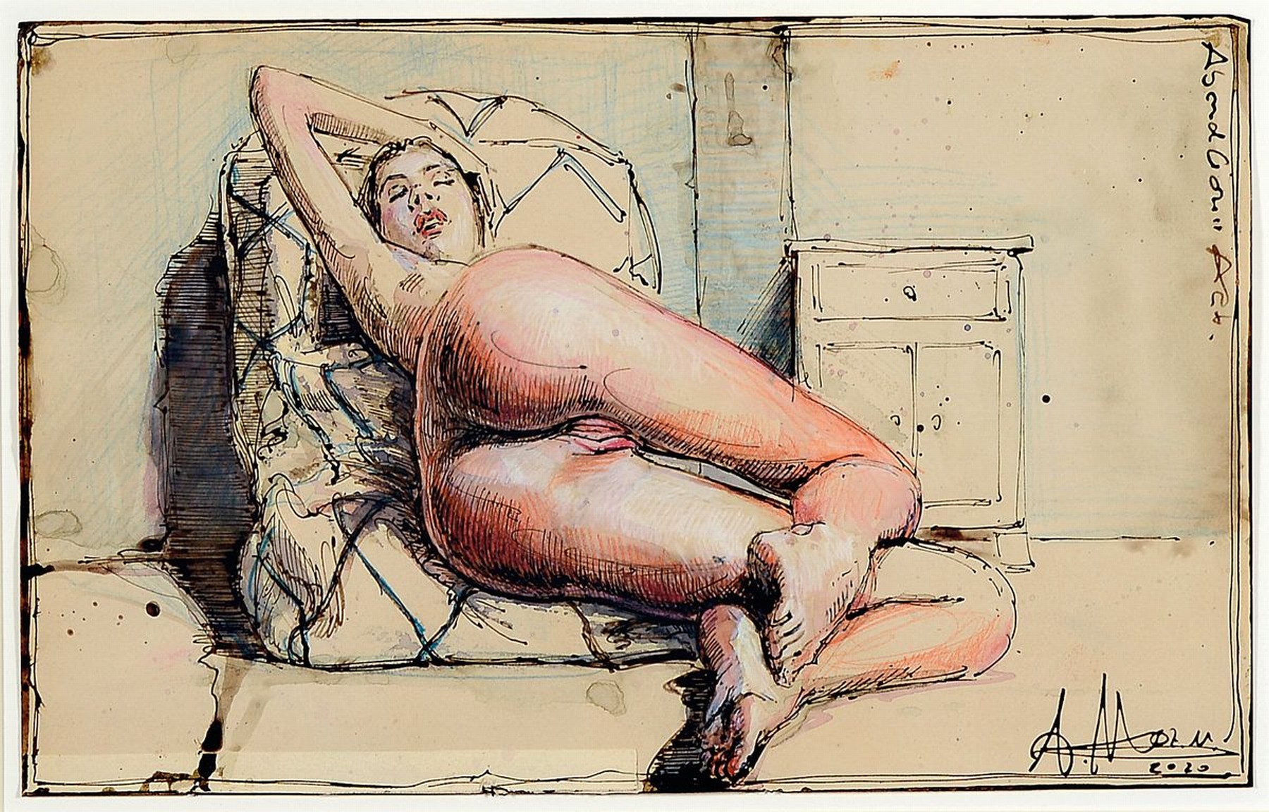 Andreas Noßmann, geb. 1962, Mischtechnik (Federzeichnung und Aquarell und Farbstift) auf original antikem Papier, Titel: "Abendlicher ...
