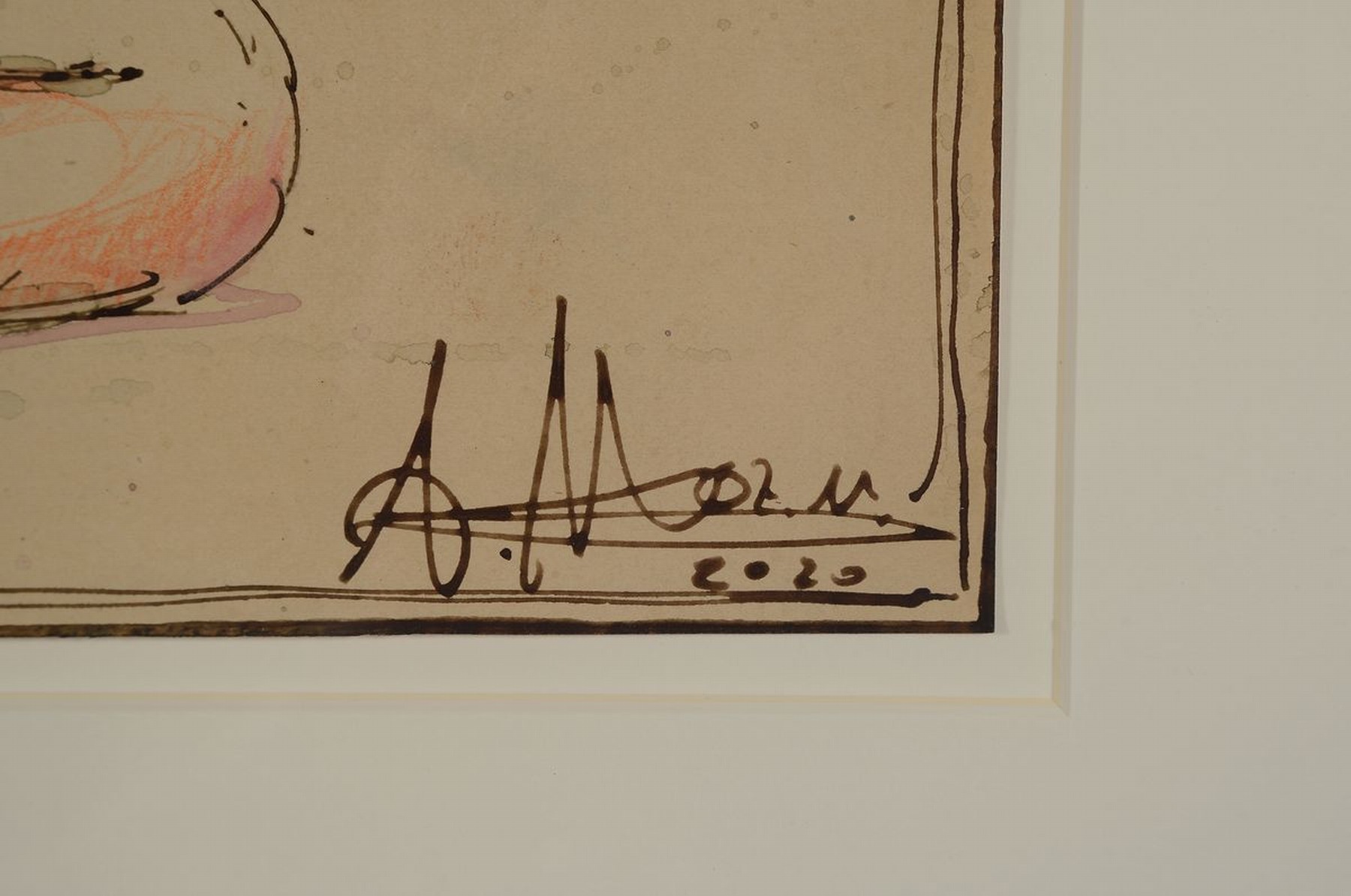 Detail a: Andreas Noßmann, geb. 1962, Mischtechnik (Federzeichnung und Aquarell und Farbstift) auf original antikem Papier, Titel: "Abendlicher ...
