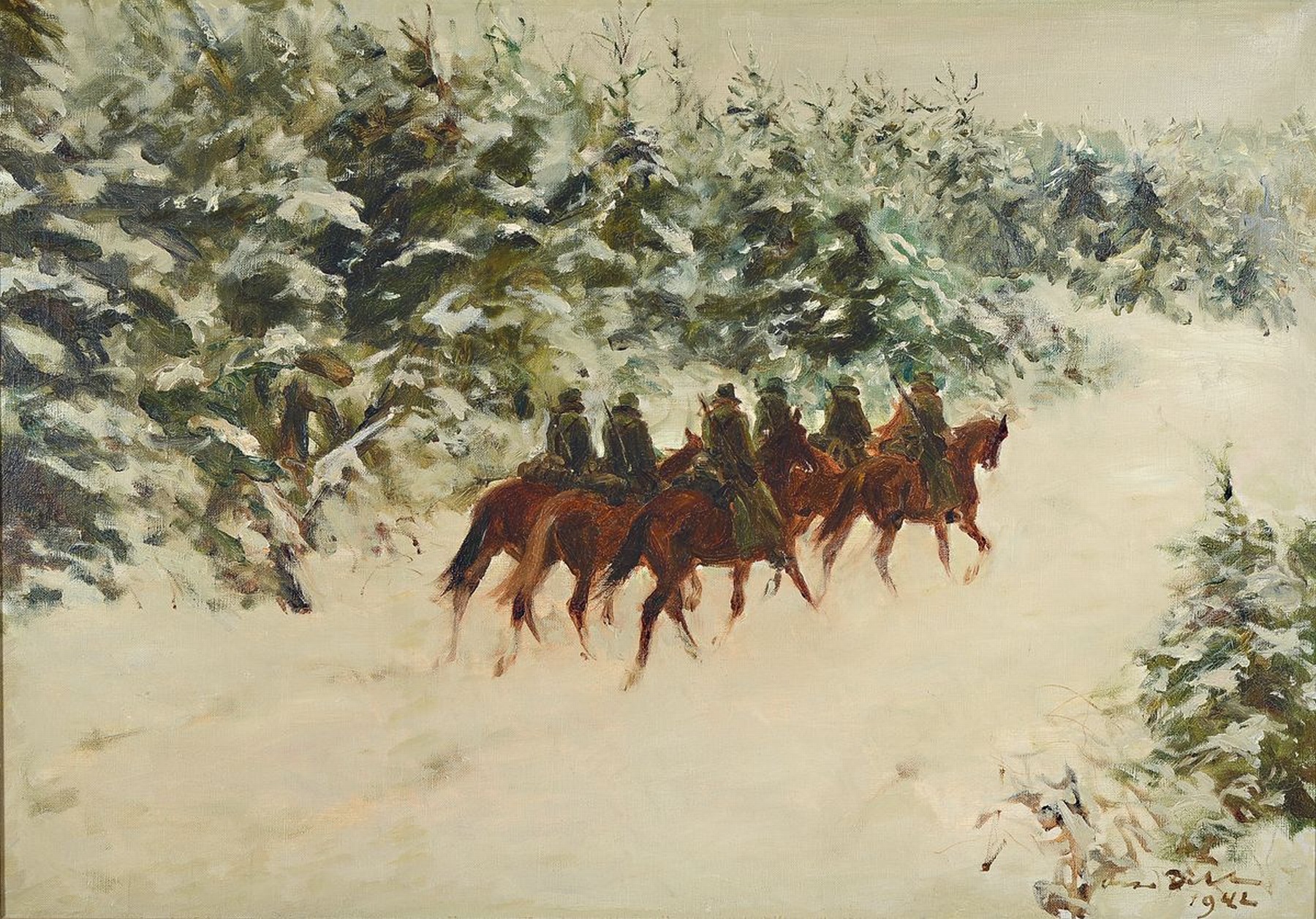 Otto Dill, 1884 Neustadt - 1957 Bad Dürkheim, Patrouillenreiter im Winterwald, rückwärtige Ansicht der vorüber reitenden Gruppe, kühle ...