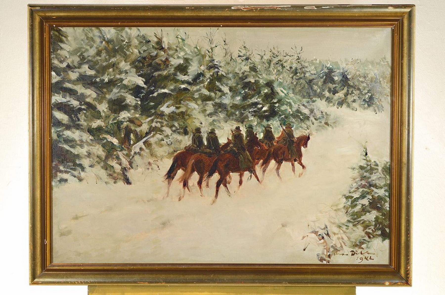 Detail k: Otto Dill, 1884 Neustadt - 1957 Bad Dürkheim, Patrouillenreiter im Winterwald, rückwärtige Ansicht der vorüber reitenden Gruppe, kühle ...