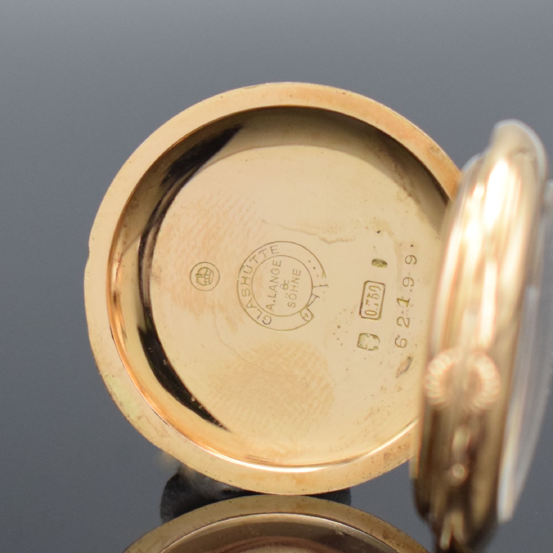 Detail c: A. LANGE & SÖHNE Glashütte b. Dresden feine offene Damentaschenuhr in RoseG 750/000, Deutschland um 1910, 2-Deckel-Goldgehäuse, Emailzifferbl. m. ...