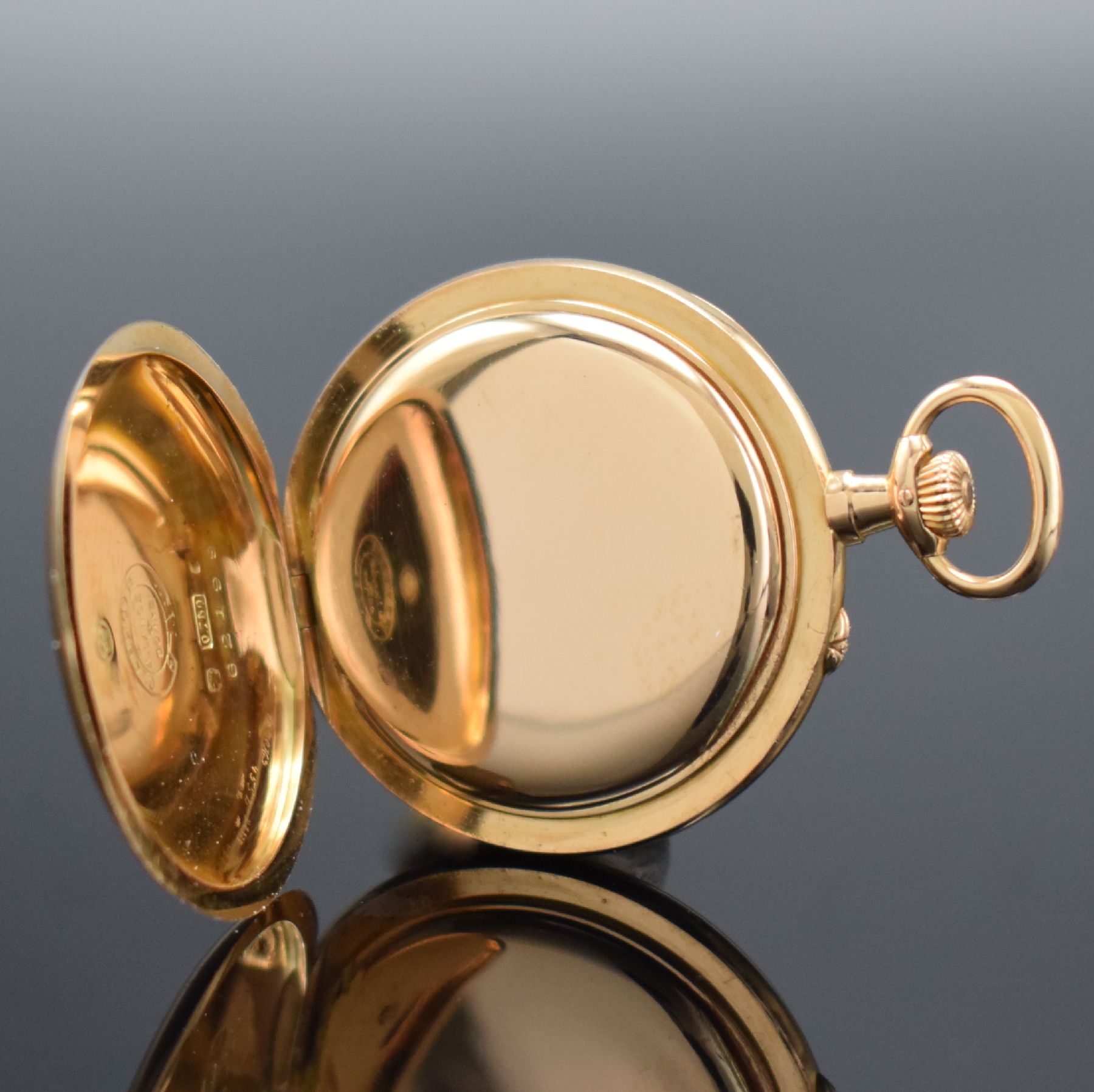 Detail d: A. LANGE & SÖHNE Glashütte b. Dresden feine offene Damentaschenuhr in RoseG 750/000, Deutschland um 1910, 2-Deckel-Goldgehäuse, Emailzifferbl. m. ...