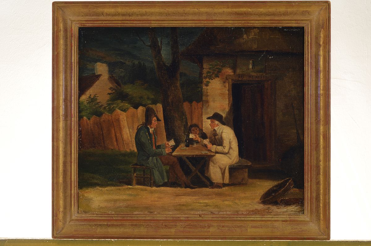 Detail k: wohl französischer Künstler, um 1830/40, Kartenspiel vor der Taverne, Türsturz mit Schriftzug "Au plaisir", Öl/Lwd, unsigniert, Alters- ...