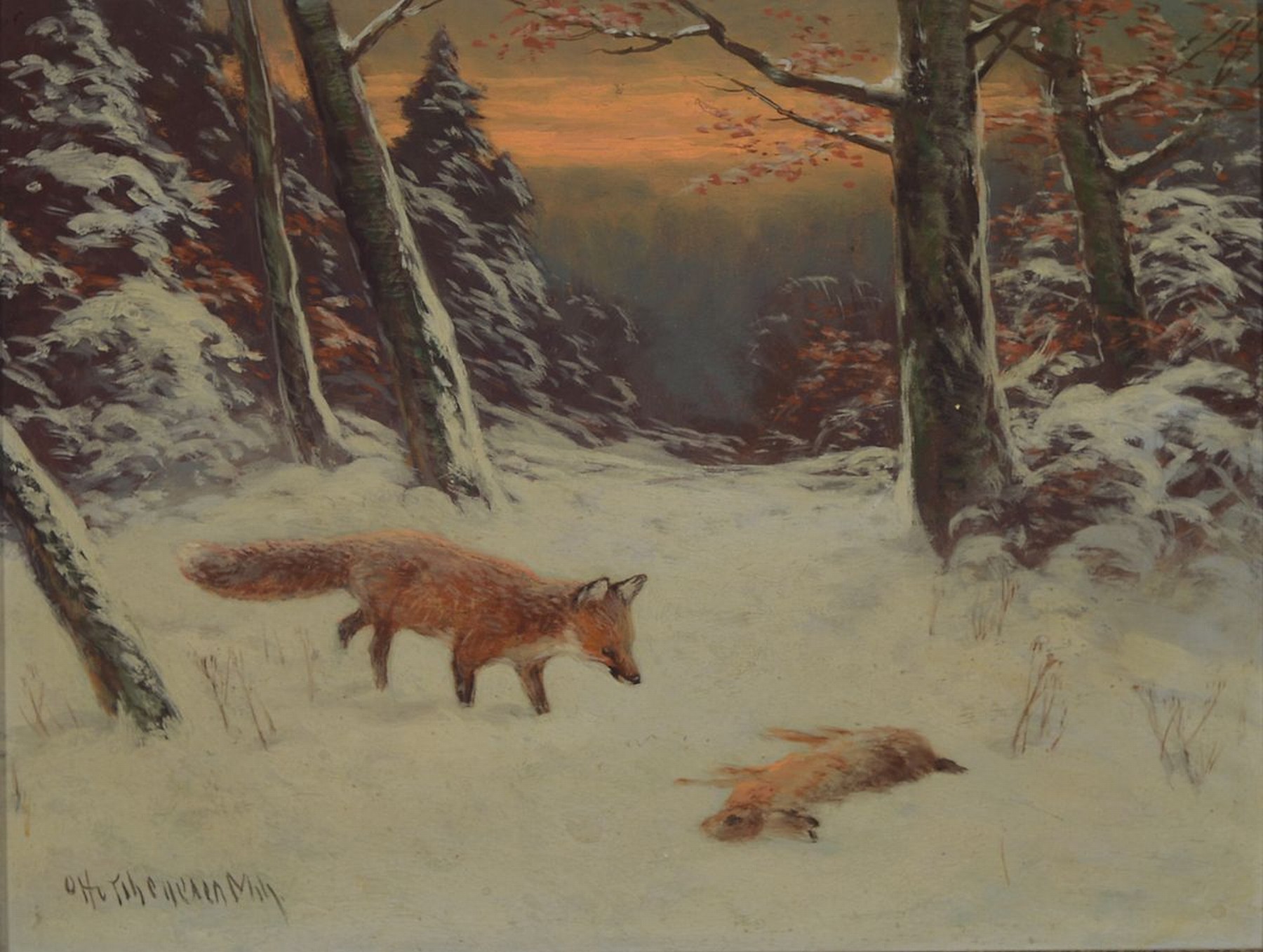 Otto Scheuerer, 1862-1934 München, Fuchs mit erlegtem Hasen im verschneiten Wald, Öl/Malkarton, links unten signiert, ca. 20x 26cm, R. ca. 28x34cm