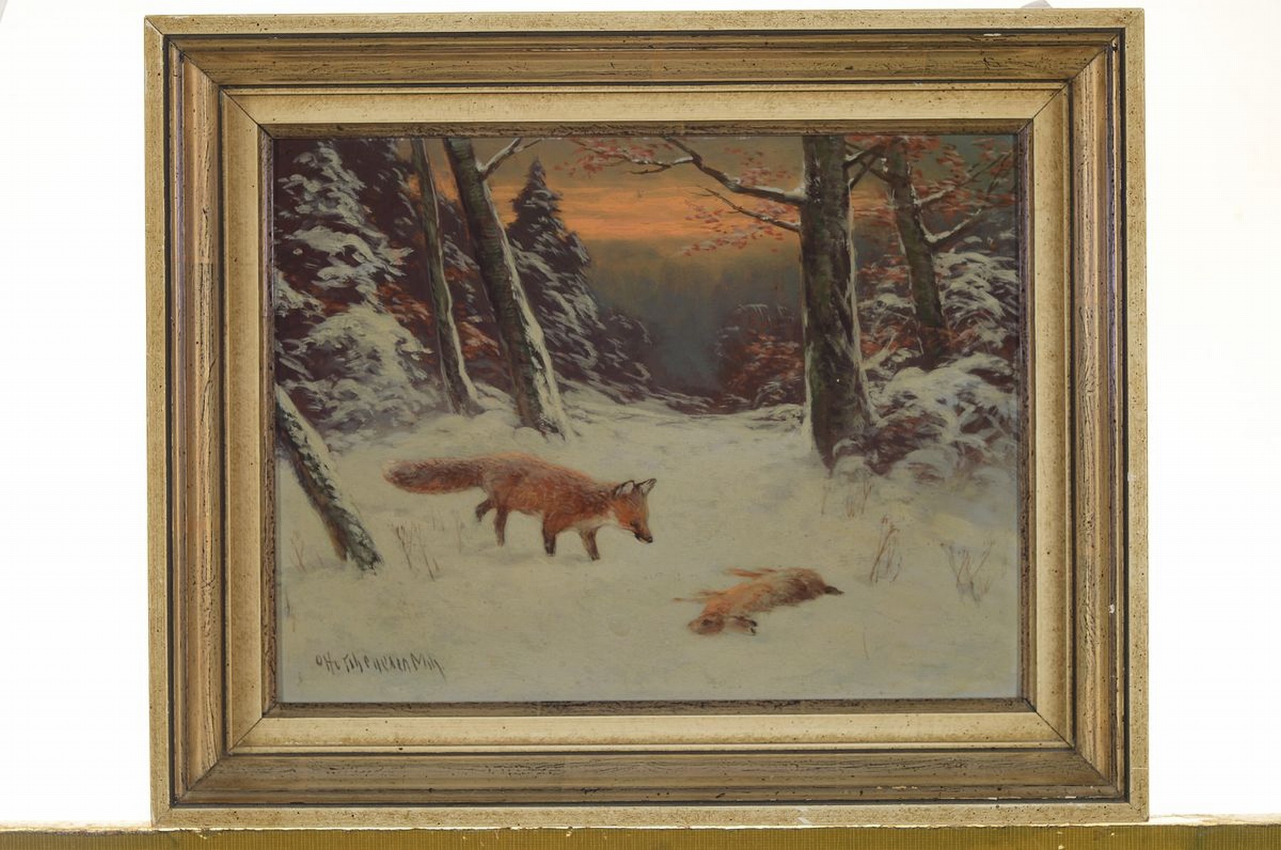 Detail k: Otto Scheuerer, 1862-1934 München, Fuchs mit erlegtem Hasen im verschneiten Wald, Öl/Malkarton, links unten signiert, ca. 20x 26cm, R. ca. 28x34cm