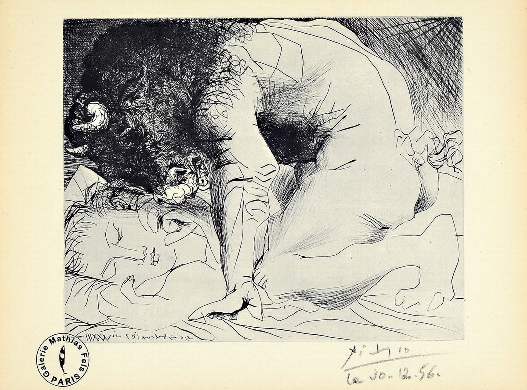Pablo Picasso, 1881 Malaga-1973 Mougins, weibliche Akte und Stier über schlafender Schönheit, Offsetdruck, Reedition der Galerie Mathias Fels ...