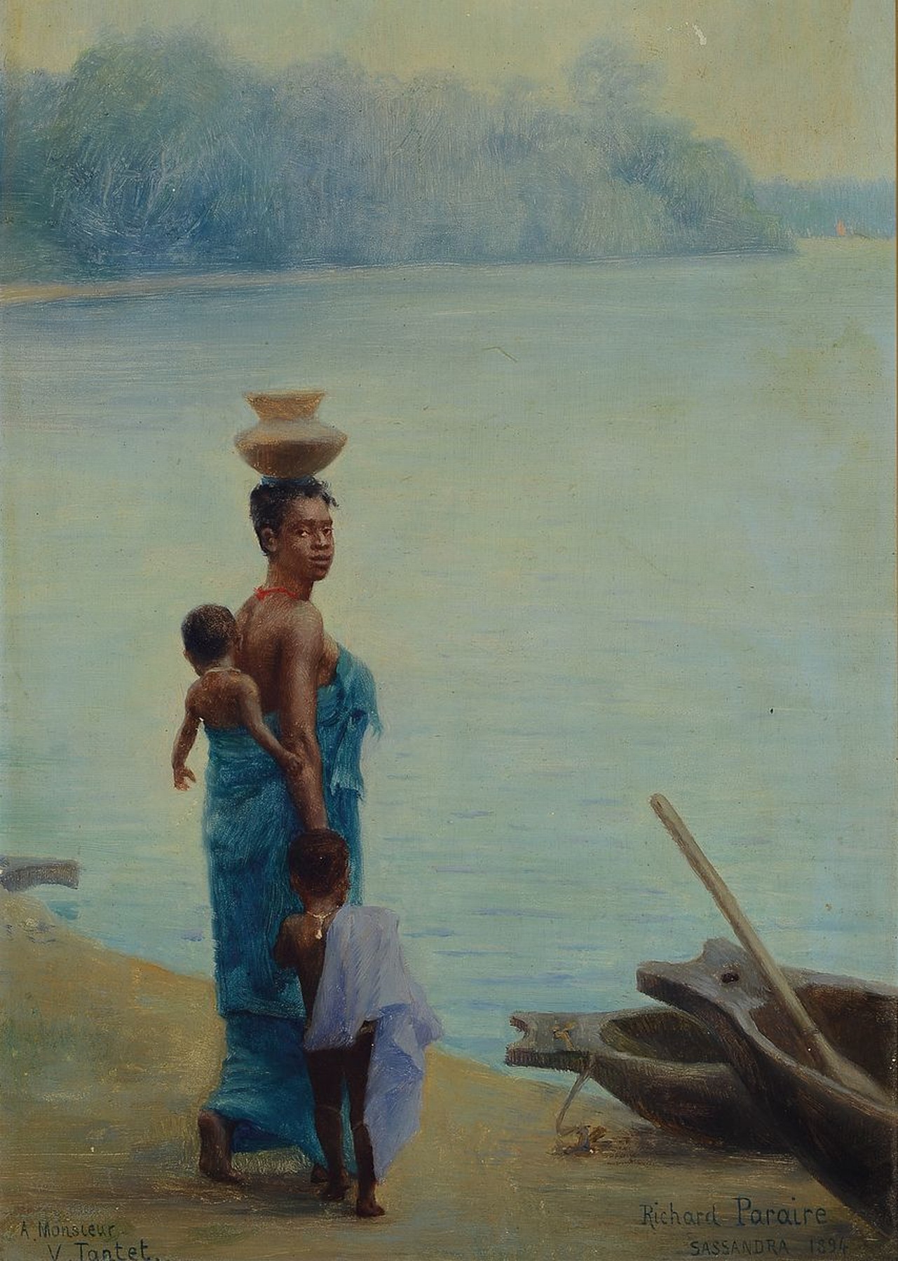 Richard Paraire, datiert Sassandra 1894, Mutter mit Kindern am Ufer eines Sees, Öl/ Holz, rechts unten signiert und dat., links unten Widmung: A ...