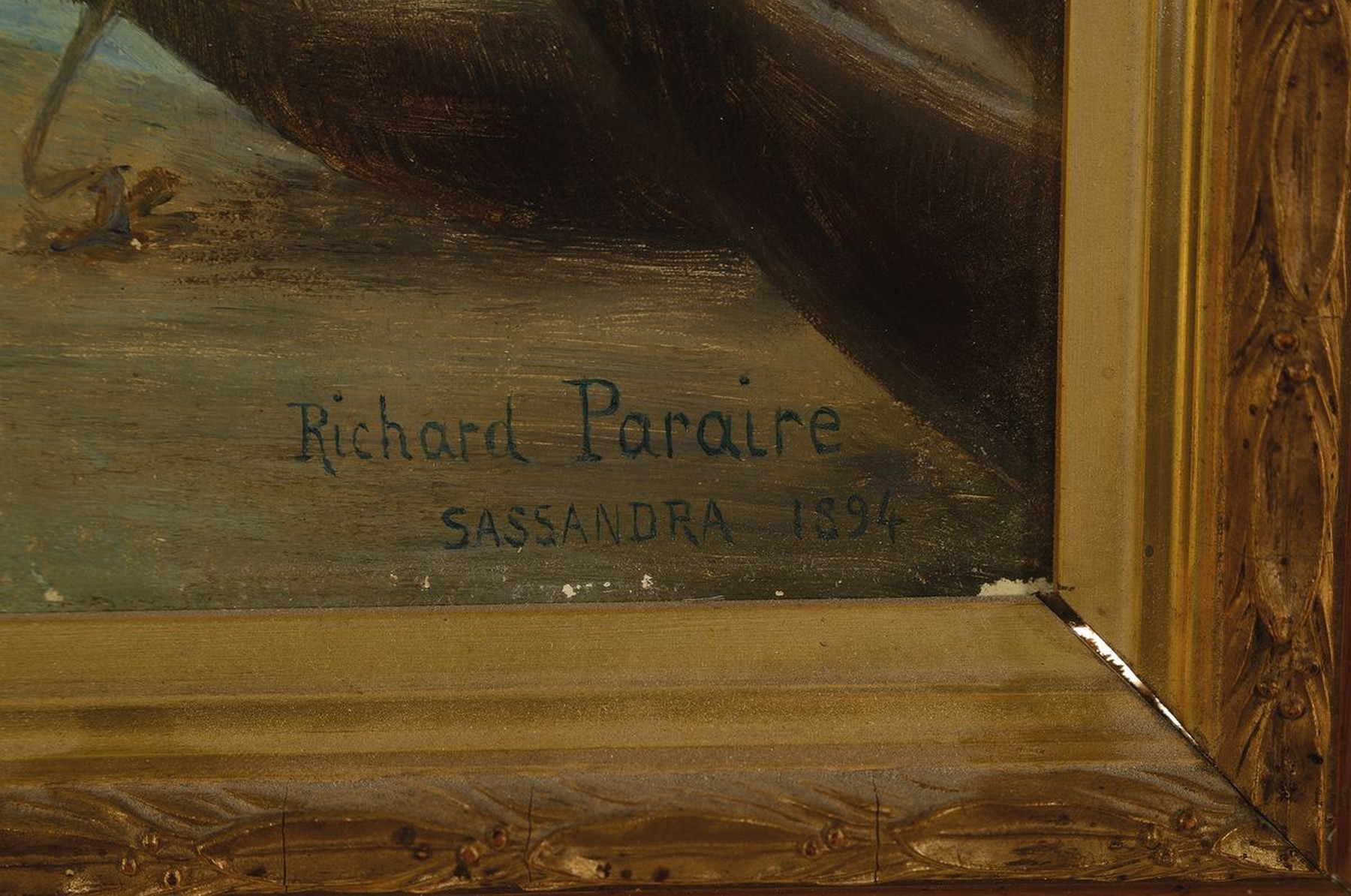 Detail a: Richard Paraire, datiert Sassandra 1894, Mutter mit Kindern am Ufer eines Sees, Öl/ Holz, rechts unten signiert und dat., links unten Widmung: A ...