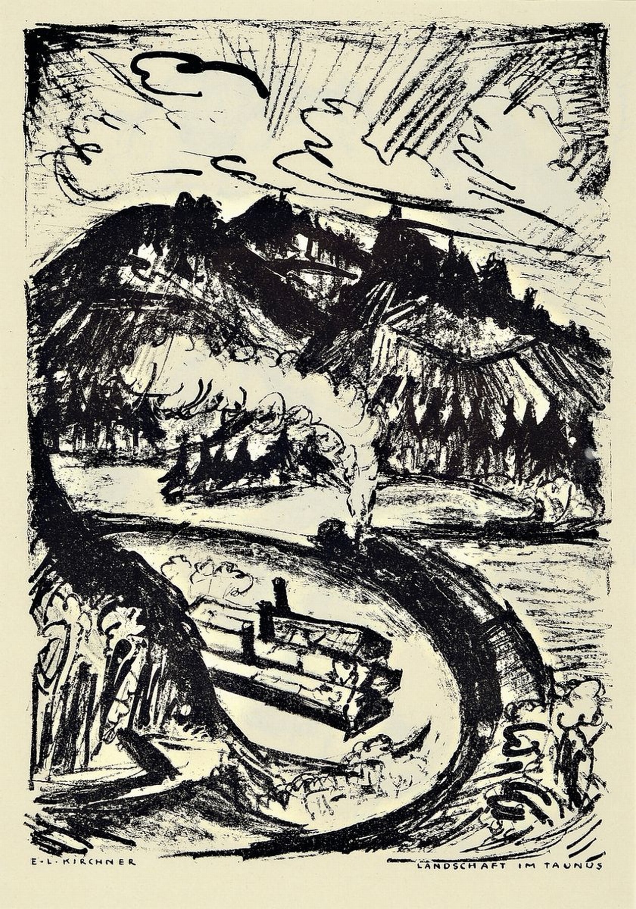 Ernst Ludwig Kirchner, 1880-1938, Landschaft im Taunus, Lithographie, ca. 28x20cm, PP, u.Gl., R. ca. 41x31cm