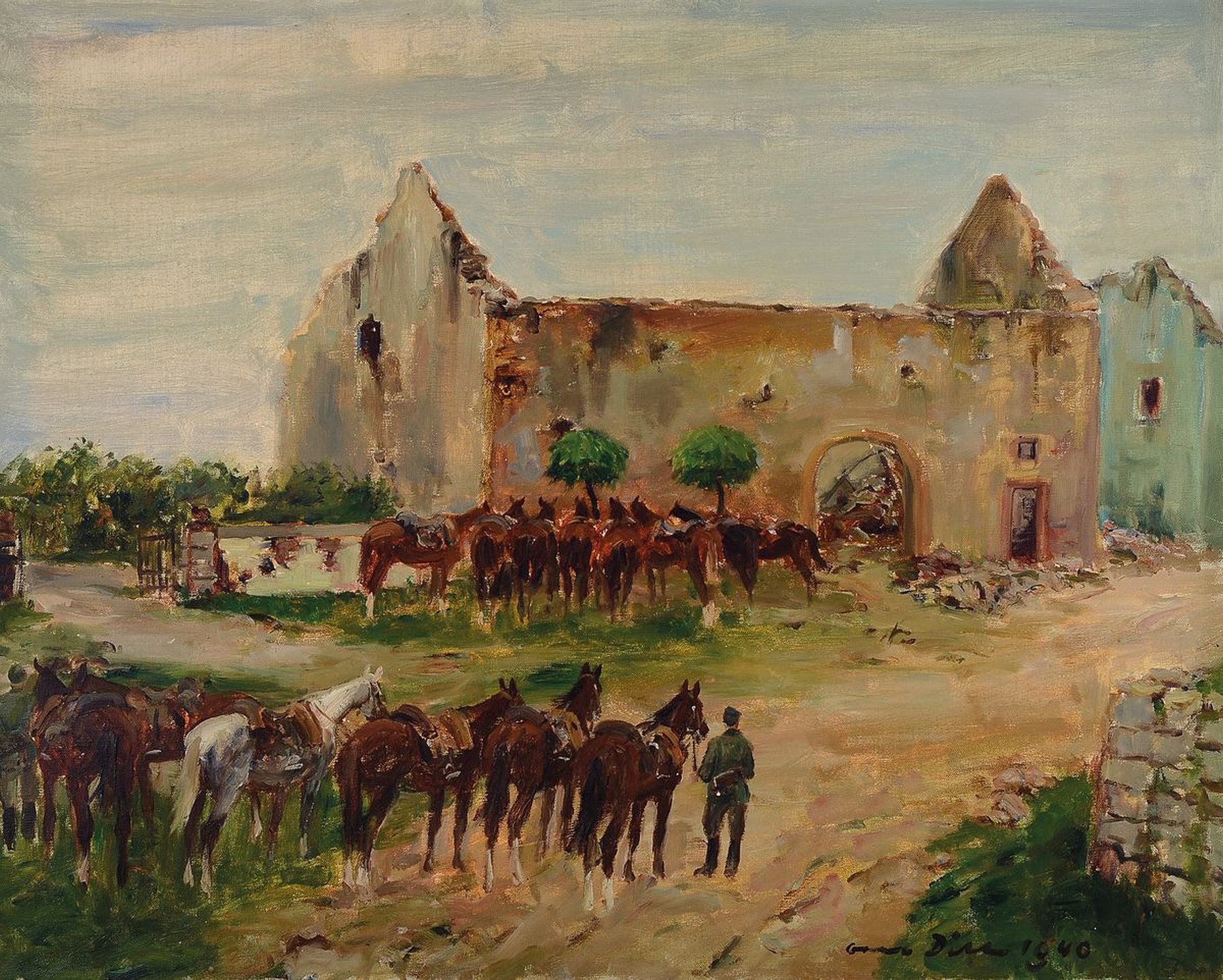 Otto Dill, 1884 Neustadt-1957 Bad Dürkheim, Deutsche Kavallerie vor dem Kaplaneihof bei Landau, Öl/Lwd, rechts unten signiert und dat.1940, ca. ...