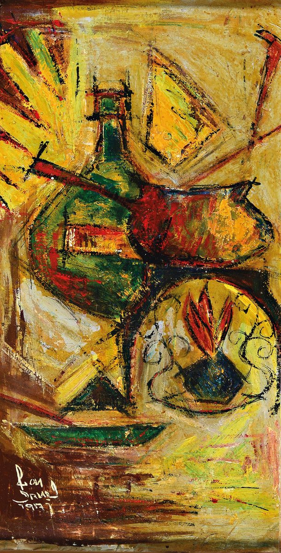 Detail b: Rolf Ortner, geb. 1940 Speyer, 2 Arbeiten: durchzechte Nacht und Fondue, Öl/Spanplatte, beide signiert, je ca. 70x36cm,R. ca. 84x50cm