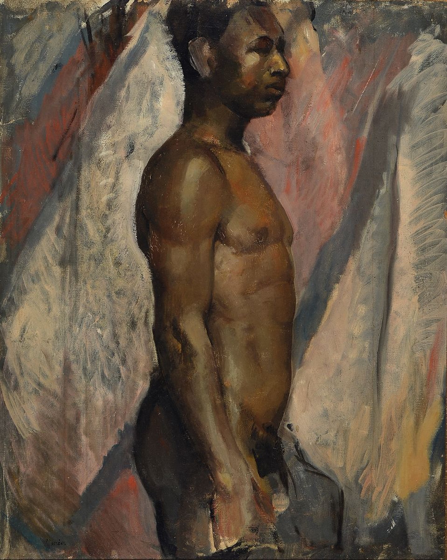 C. Astier, wohl französischer Maler, um 1930, Dreiviertelporträt eines männlichen Aktes, Öl/Lwd/Hartfaser, links unten signiert, ca. 81x65cm, R. ...