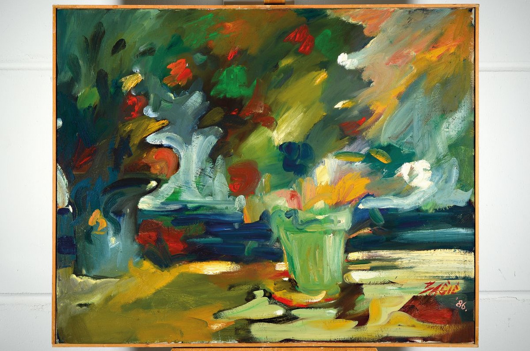 Detail k: Basic, zeitgenössischer Künstler, Stillleben mit Topfpflanzen, Öl/Lwd, rechts unten signiert und dat. 86, ca. 80x100cm
