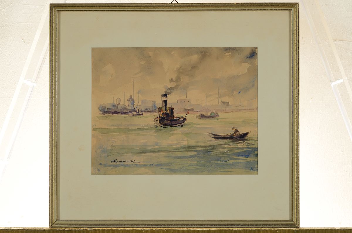 Detail k: Robert Lauth, 1896-1985 Ludwigshafen am Rhein, Blick auf den Rheinhafen, Aquarell auf Papier, links unten signiert, ca. 21x28cm, PP, u.Gl., R. ca. ...