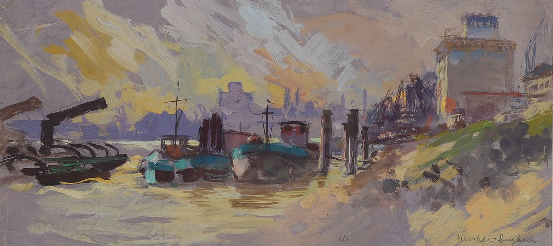 Adolf Merkel-Langkoch, geb. 1900 Schwetzingen, Der Rheinhafen in Ludwigshafen, Aquarell auf Papier, rechts unten sign., ca. 20x44cm, PP, u.Gl., R. ...