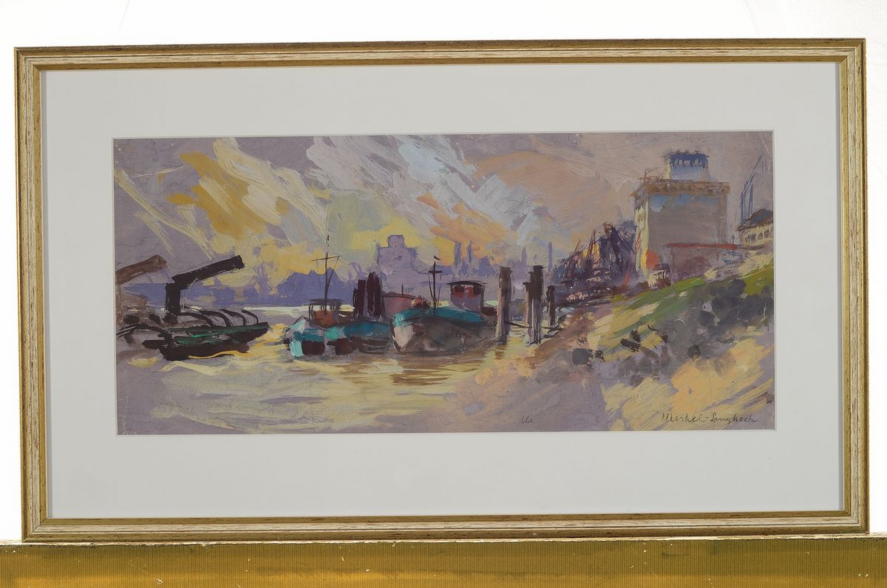 Detail k: Adolf Merkel-Langkoch, geb. 1900 Schwetzingen, Der Rheinhafen in Ludwigshafen, Aquarell auf Papier, rechts unten sign., ca. 20x44cm, PP, u.Gl., R. ...