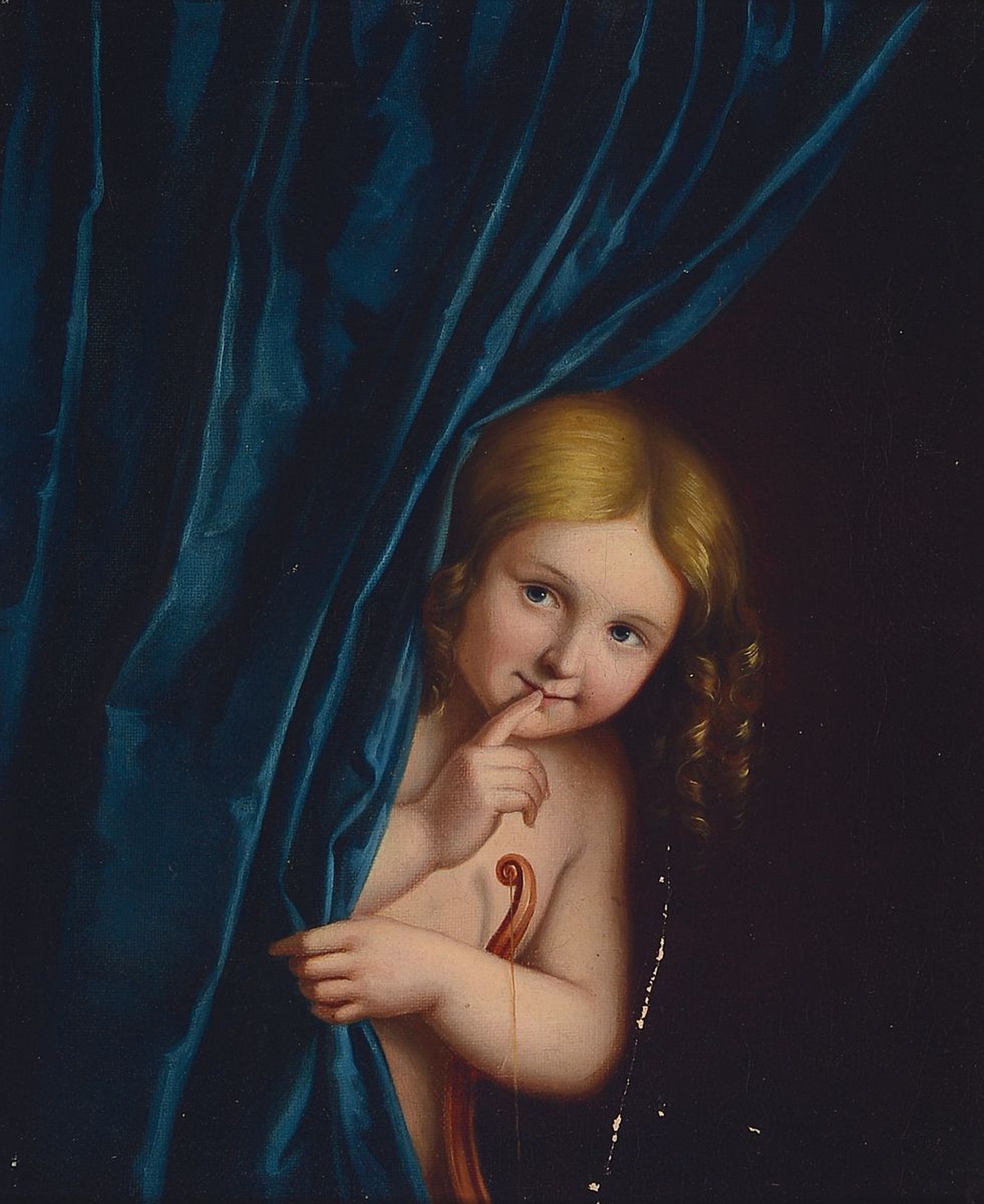 Unbekannter Künstler des 19. Jh., Amor hinter einem schweren Vorhang hervorlugend, Öl/Lwd, Kratzspur, unsigniert, ca. 32x27cm, R. ca. 54x48cm