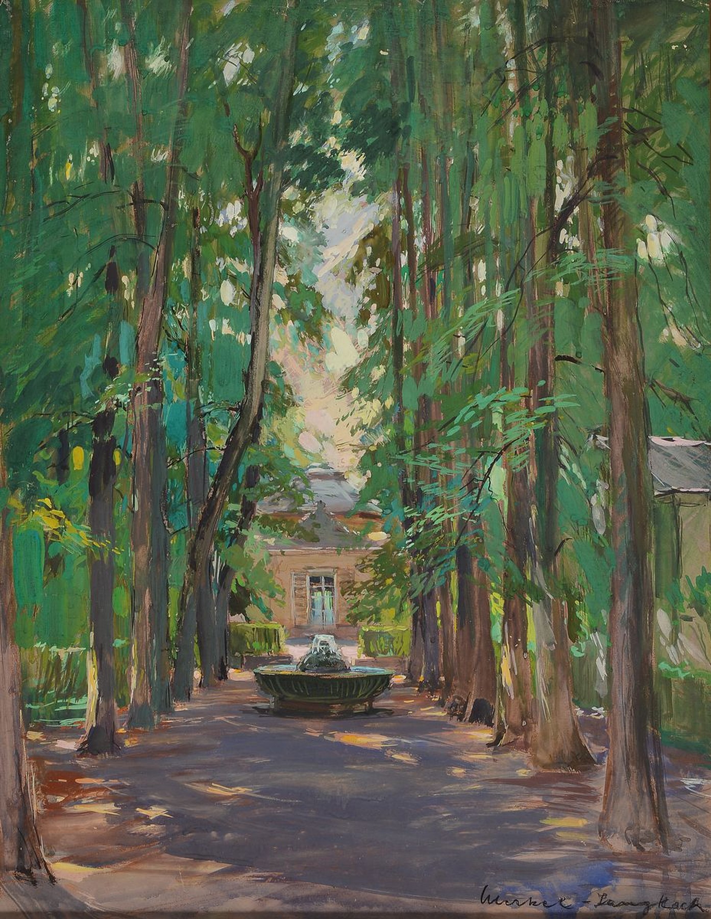Adolf Merkel-Langkoch, geb. 1900 in Schwetzingen, Ansicht aus dem Schlosspark in Schwetzingen, Gouache auf Papier, rechts unten signiert, ca. ...