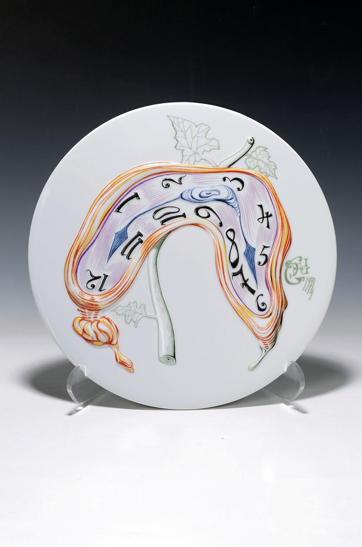 Jahresteller, Rosenthal, Entwurf Salvador Dali, 1976, runder Porzellanteller mit leicht erhobenen Uhrenmotiv auf weißen Fond, unterseitig gemarkt, ...