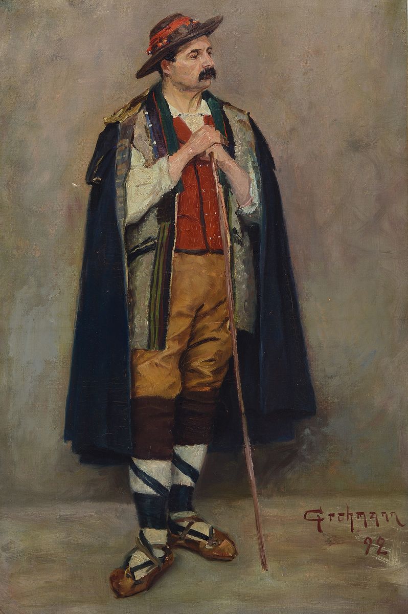 Reinhold Grohmann, 1877-1915 Berlin, Ganzporträt eines italienischen Hirten, Öl/Lwd, rechts unten signiert und dat. 92, restauriert, min. besch., ...