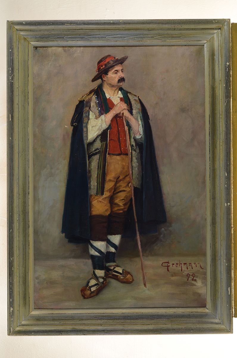 Detail k: Reinhold Grohmann, 1877-1915 Berlin, Ganzporträt eines italienischen Hirten, Öl/Lwd, rechts unten signiert und dat. 92, restauriert, min. besch., ...