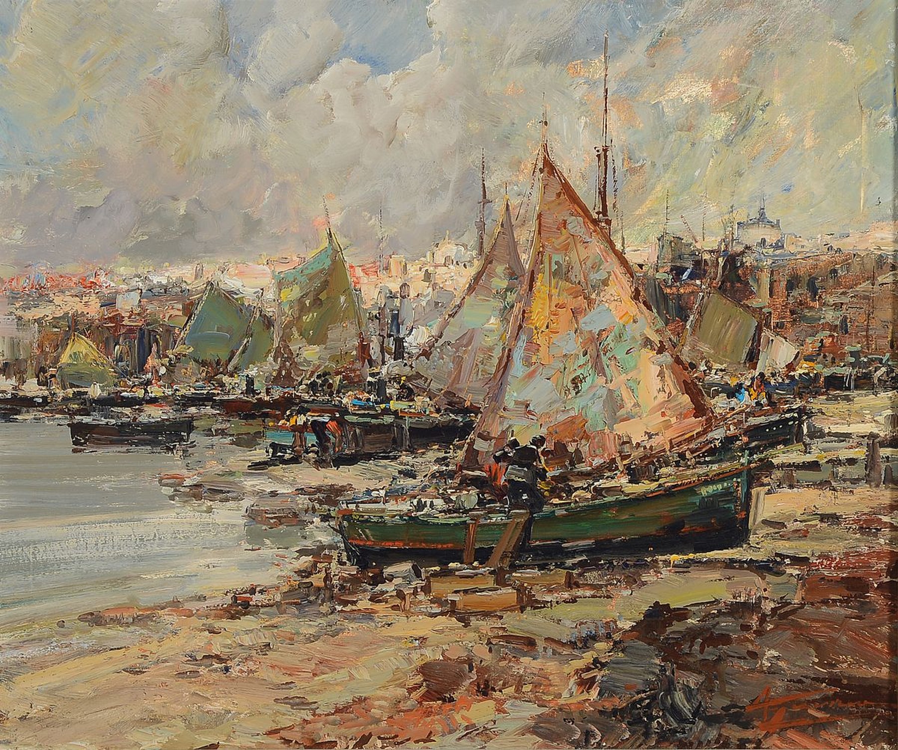 A. Traviero o.ä., Maler der 1. Hälfte des 20. Jh., Vele a Chioggia, so rückseitig betitelt, Öl/Lwd, rechts unten signiert, ca. 50x60cm, R. ca. ...