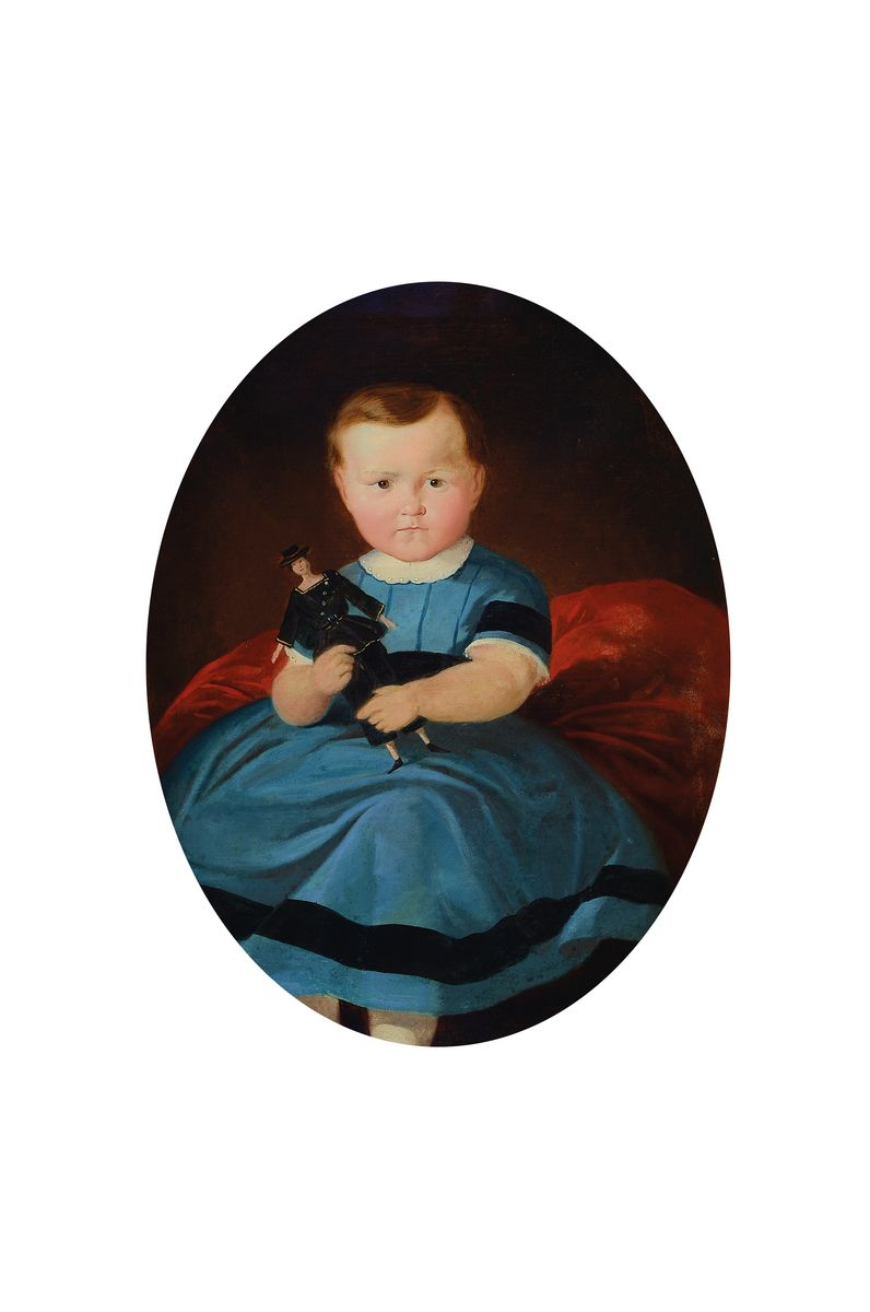 Unbekannter Künstler des 19. Jh., Porträt eines Kindes mit Puppe, Öl/Lwd, rest., doubl., ovaler Bildausschnitt ca. 71x55cm, R. ca. 93x76cm
