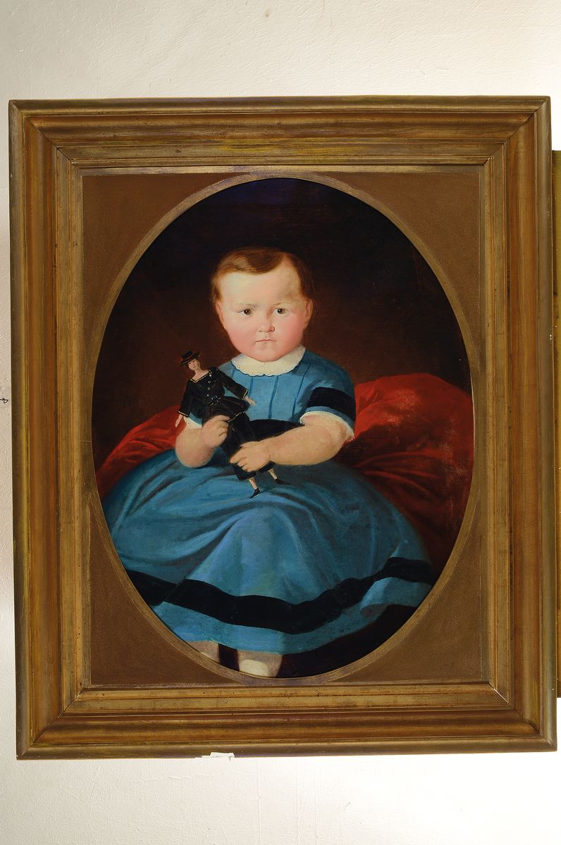 Detail k: Unbekannter Künstler des 19. Jh., Porträt eines Kindes mit Puppe, Öl/Lwd, rest., doubl., ovaler Bildausschnitt ca. 71x55cm, R. ca. 93x76cm