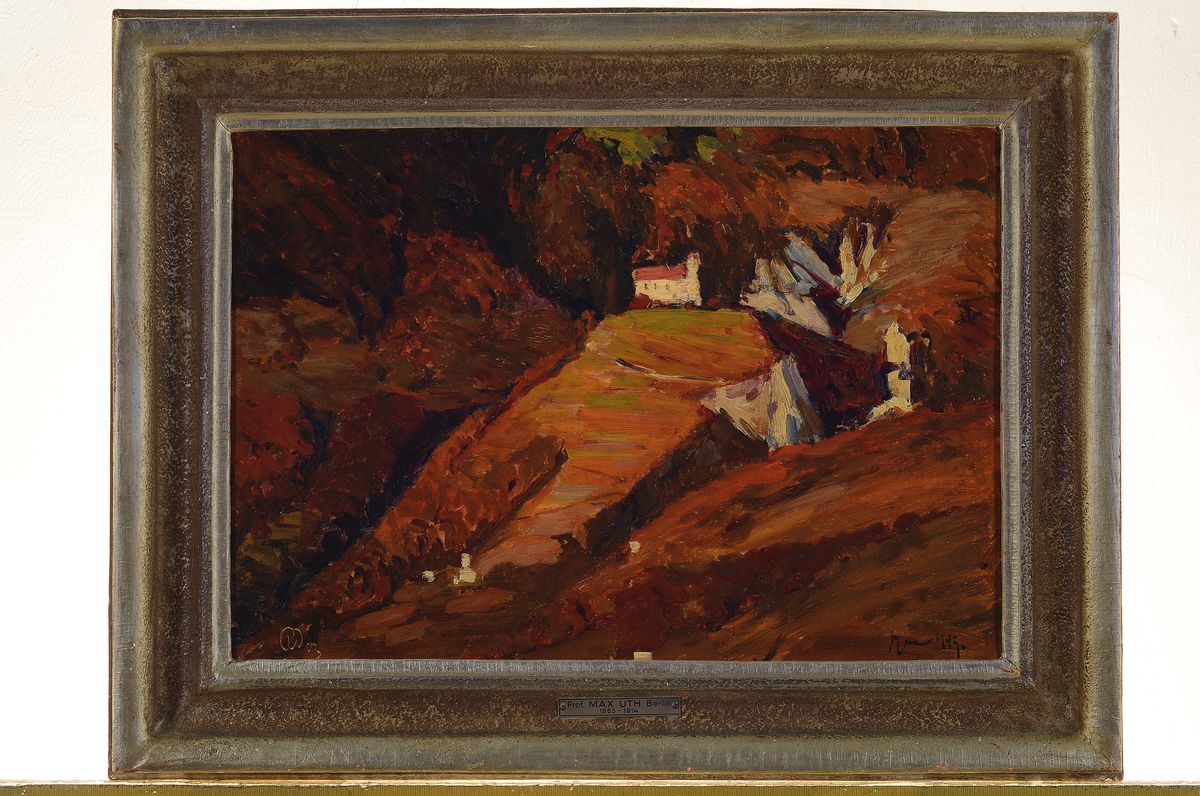 Detail k: Max Uth, 1863 Berlin-1914 Potsdam, Blick auf Schloß Tirol, Öl/Malkarton, links unten signiert, rückseitig Etikett der Großen Berliner ...