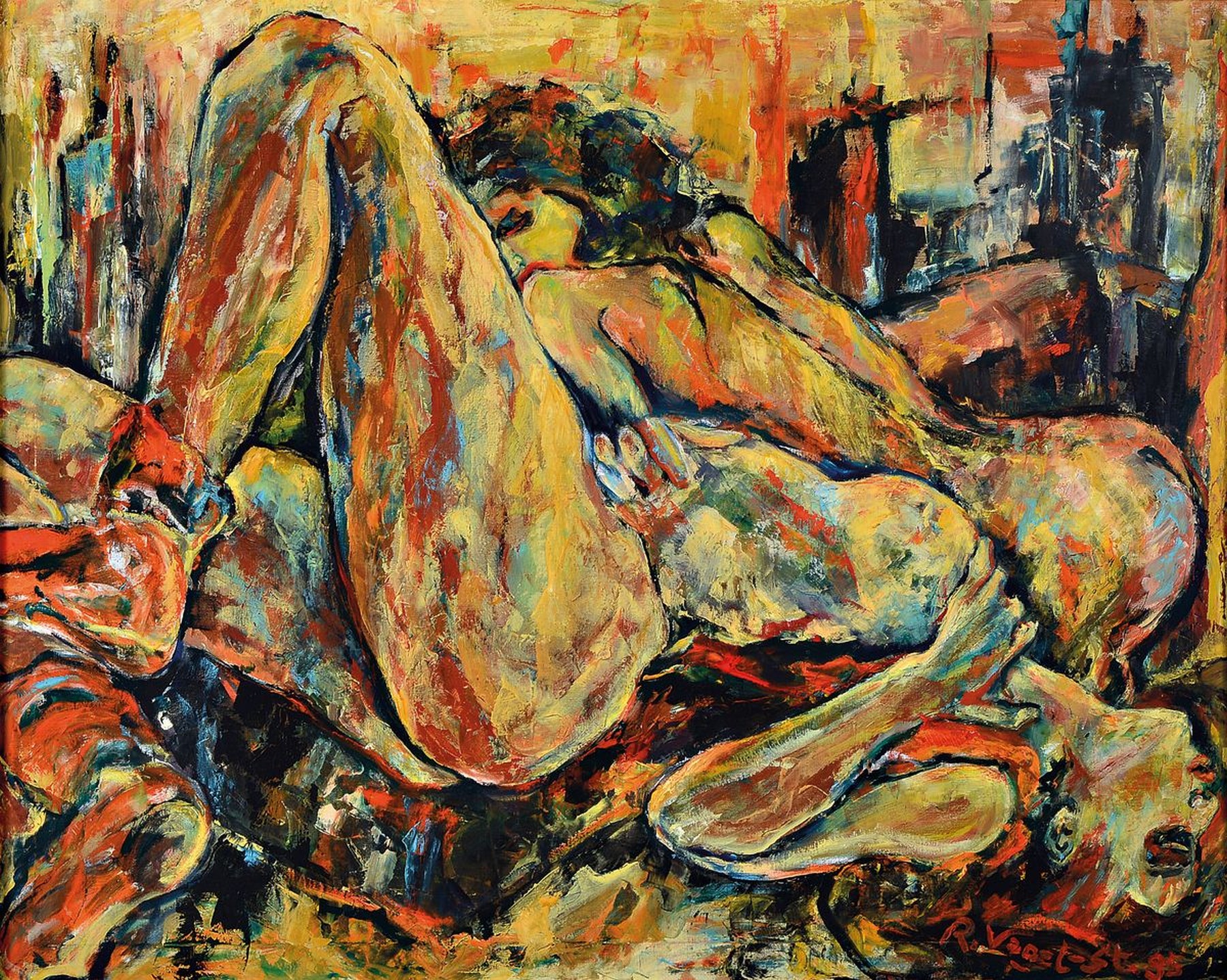Renate Vogel-Stelling, geb. 1942 Danzig, aufgewachsen in Bremen, "Der Balkon", Öl/Lwd, rechts unten signiert, ca. 80x100cm, rückseitig ...
